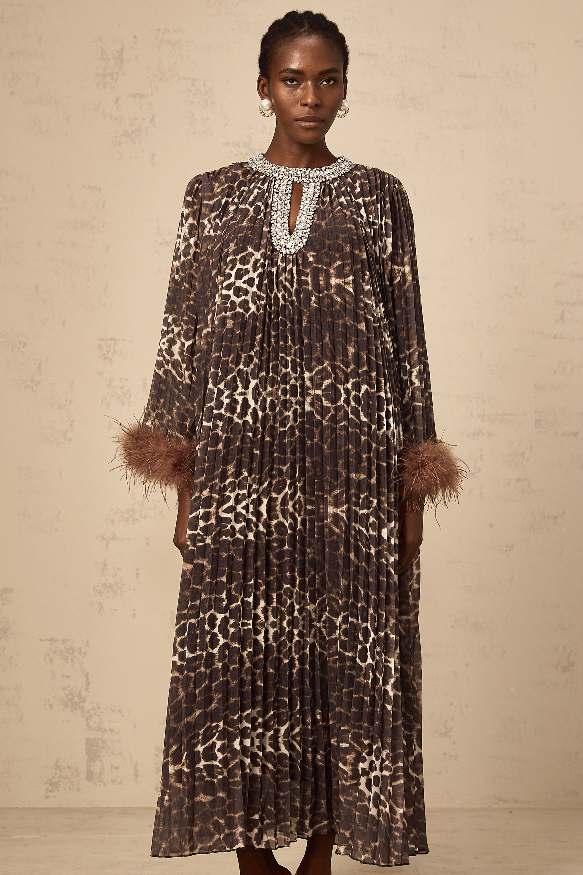 Marthe brown embellished leopard-print pleated midi dress