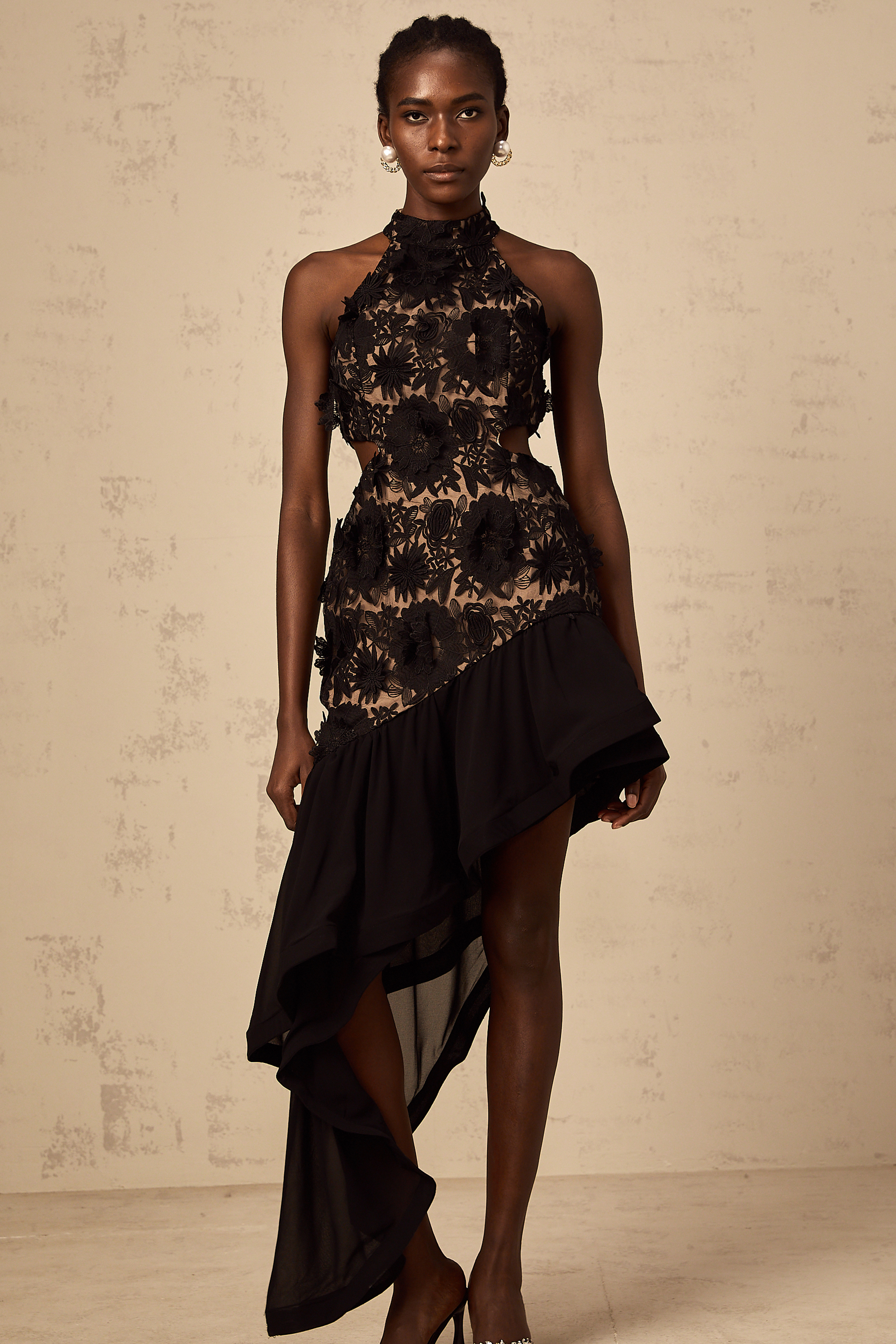 Bernadette black floral-appliqué asymmetrical midi dress