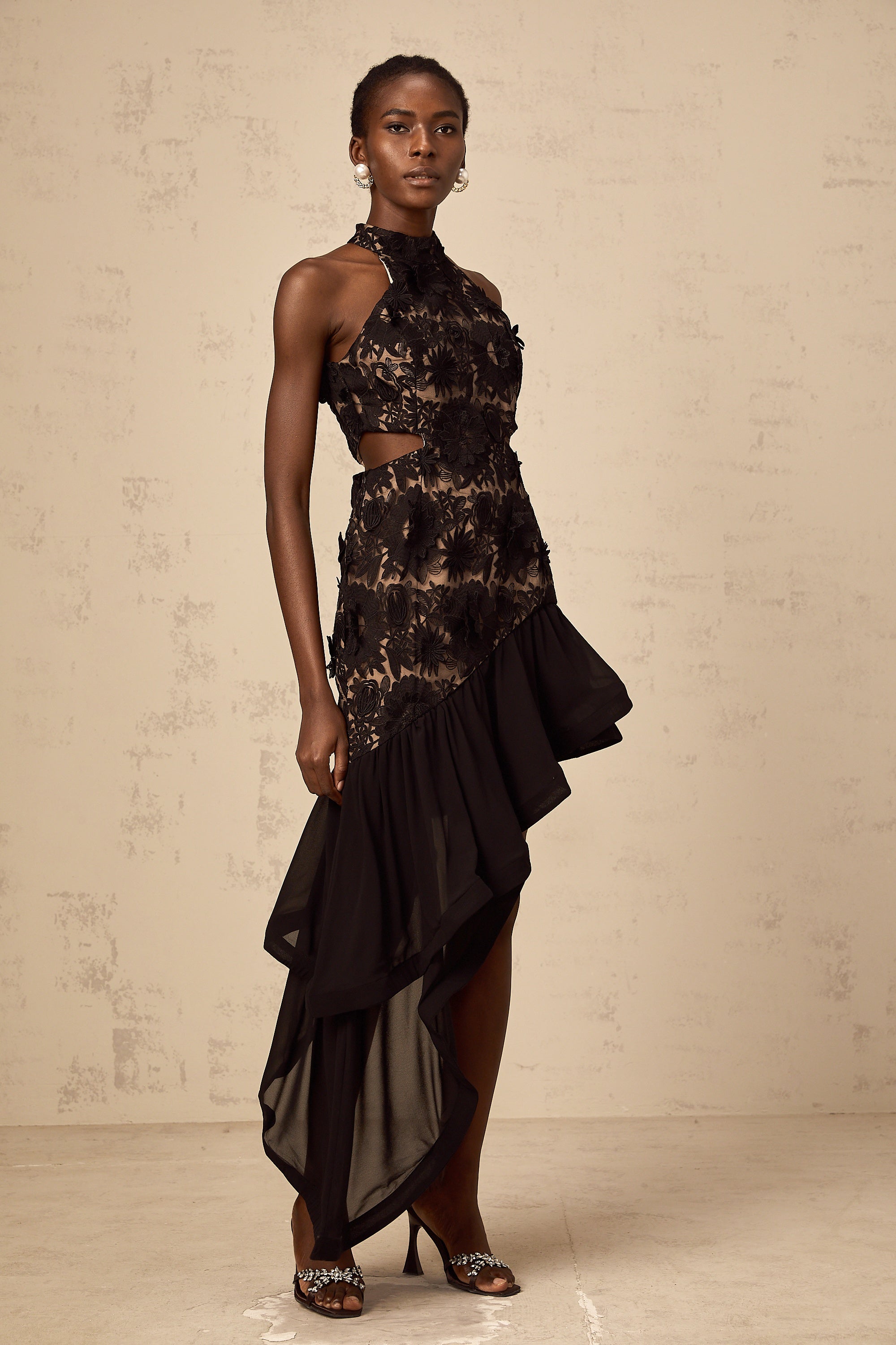 Bernadette black floral-appliqué asymmetrical midi dress