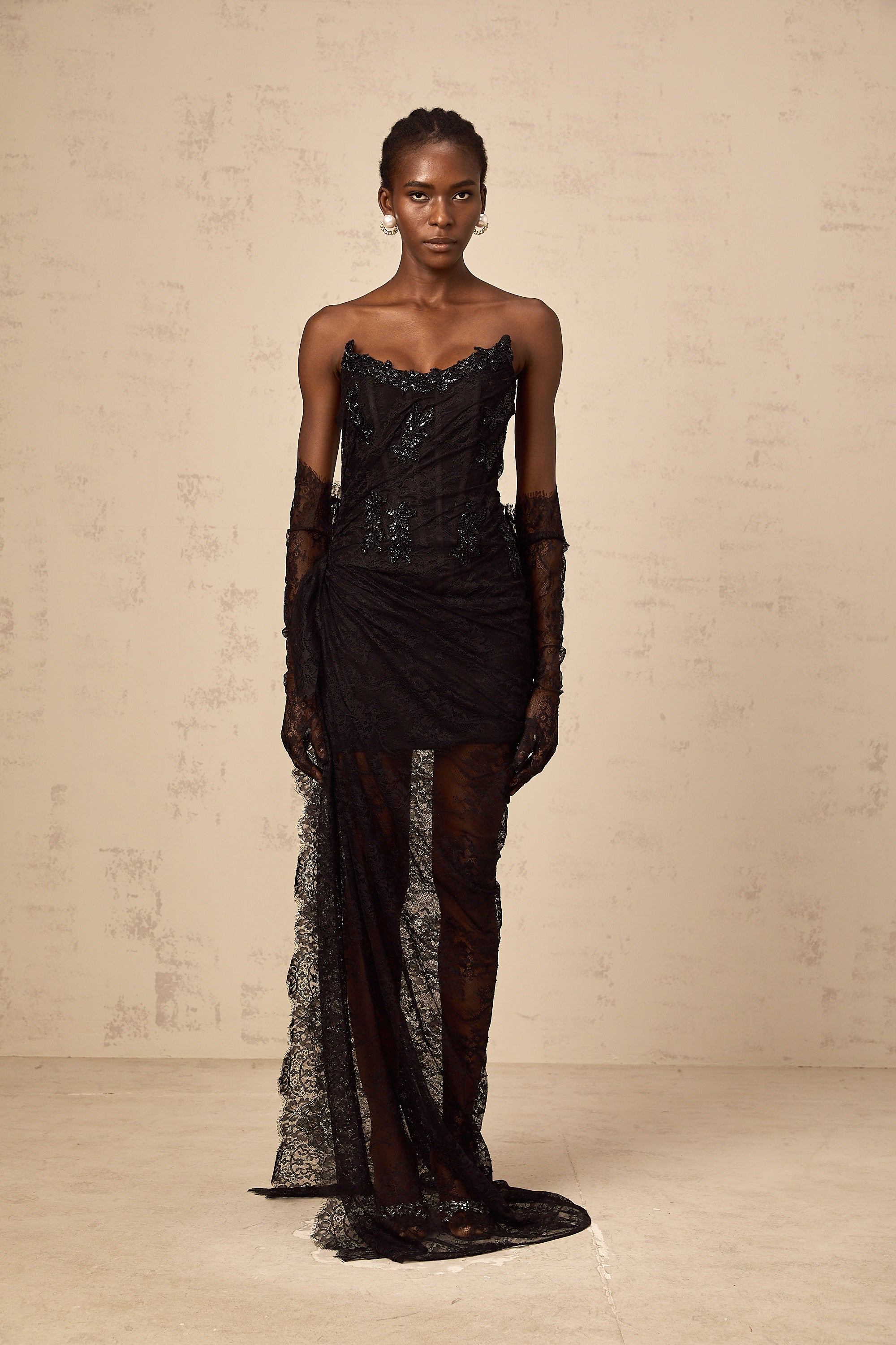 Sylvie black beaded asymmetrical lace maxi dress (Final Sale)