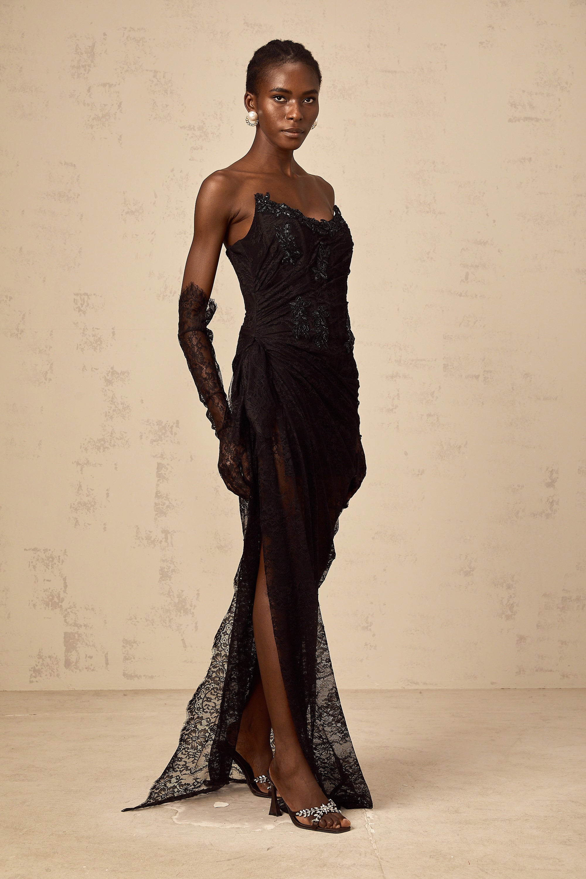 Sylvie black beaded asymmetrical lace maxi dress (Final Sale-US Only)