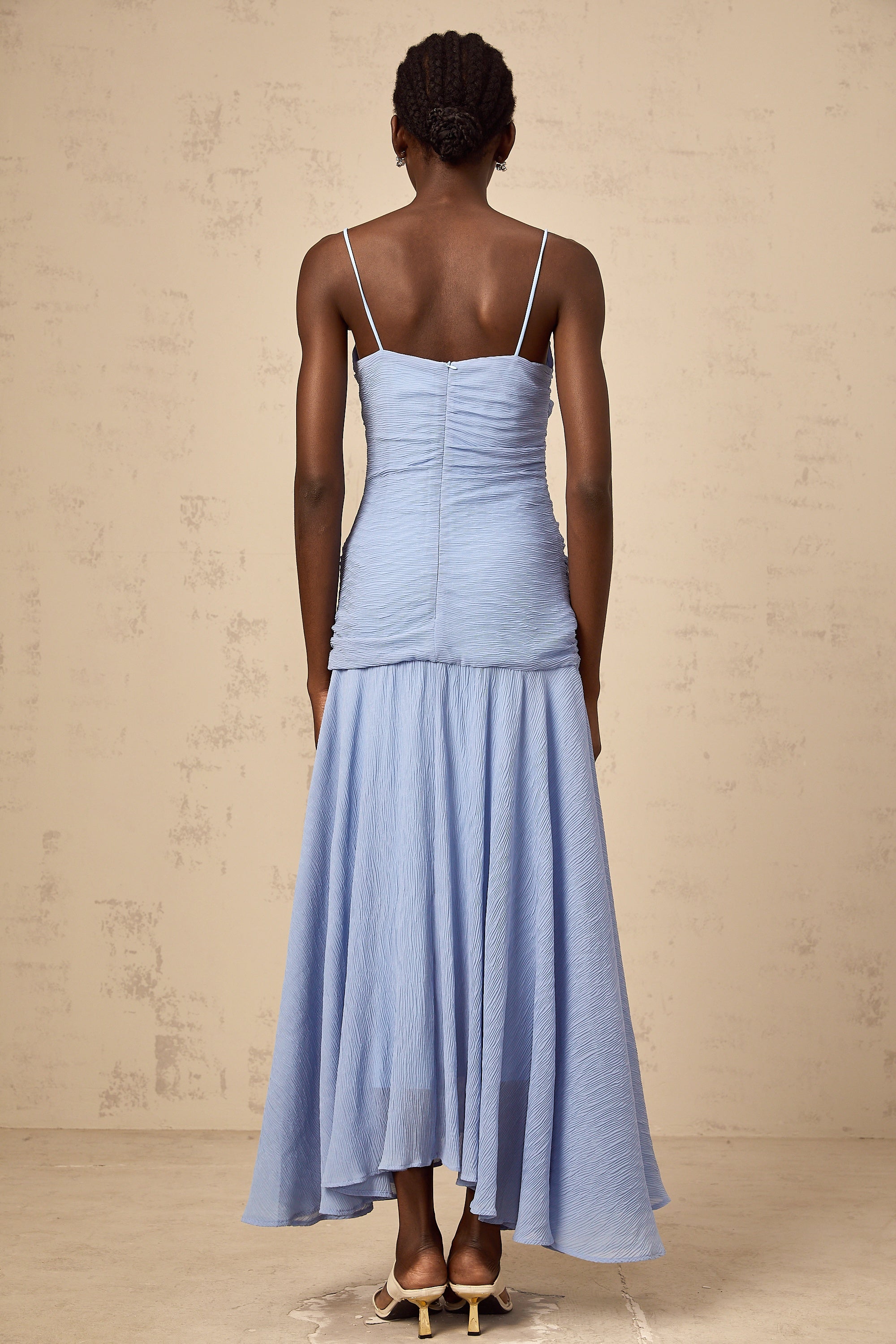 Marion blue ruched chiffon maxi dress