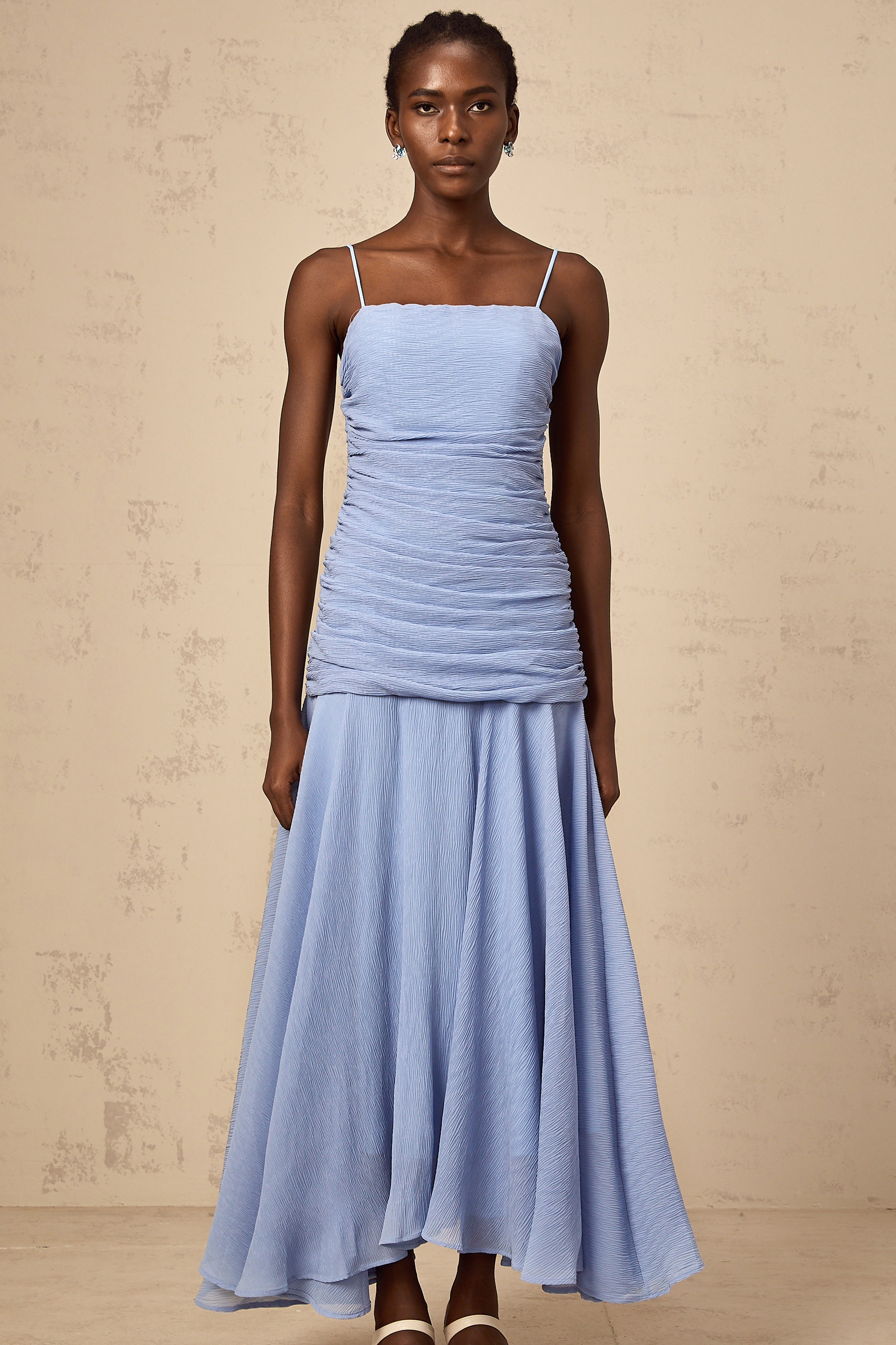 Marion blue ruched chiffon maxi dress
