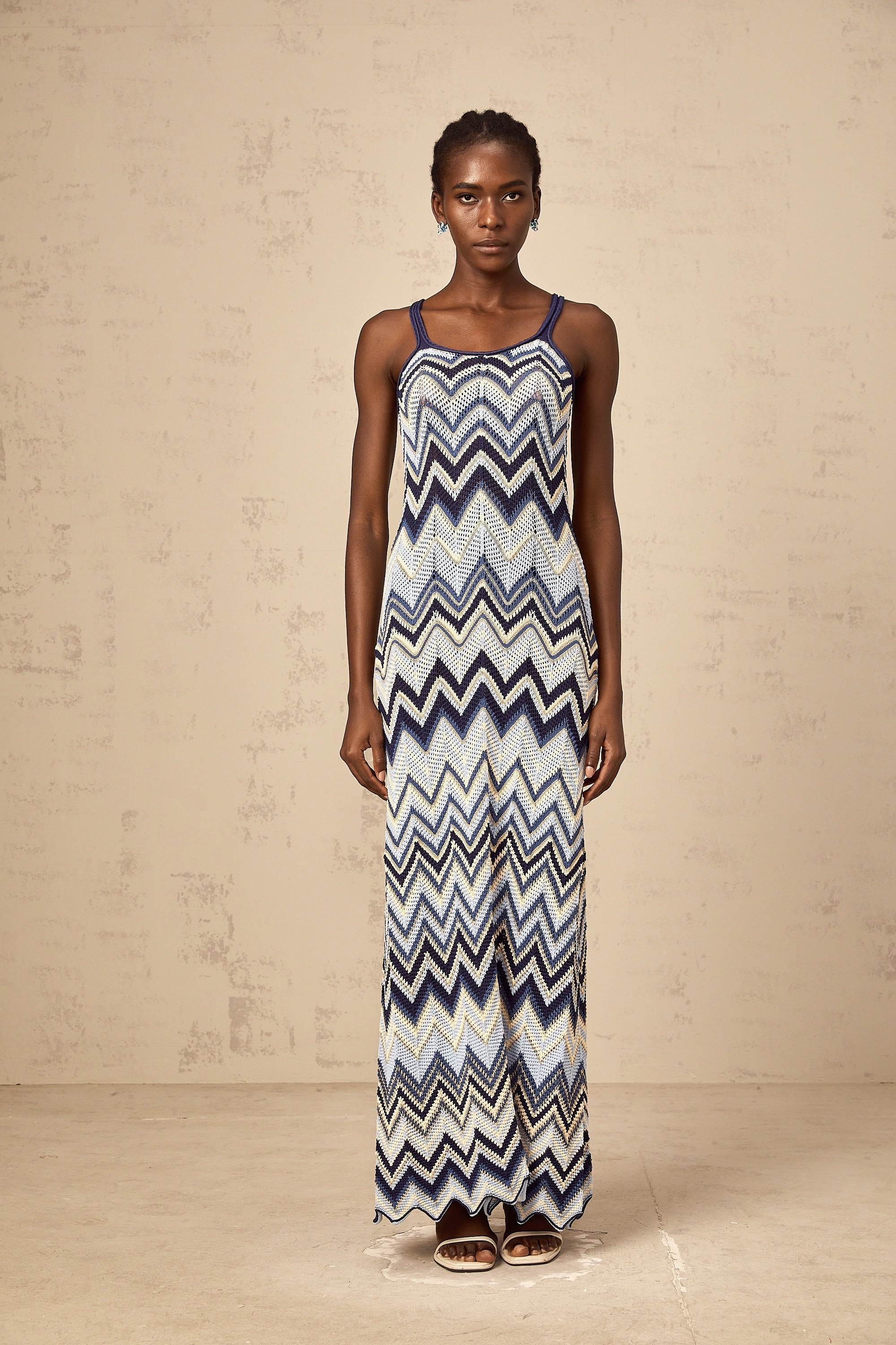 Irina blue zigzag-woven pointelle-knit maxi dress
