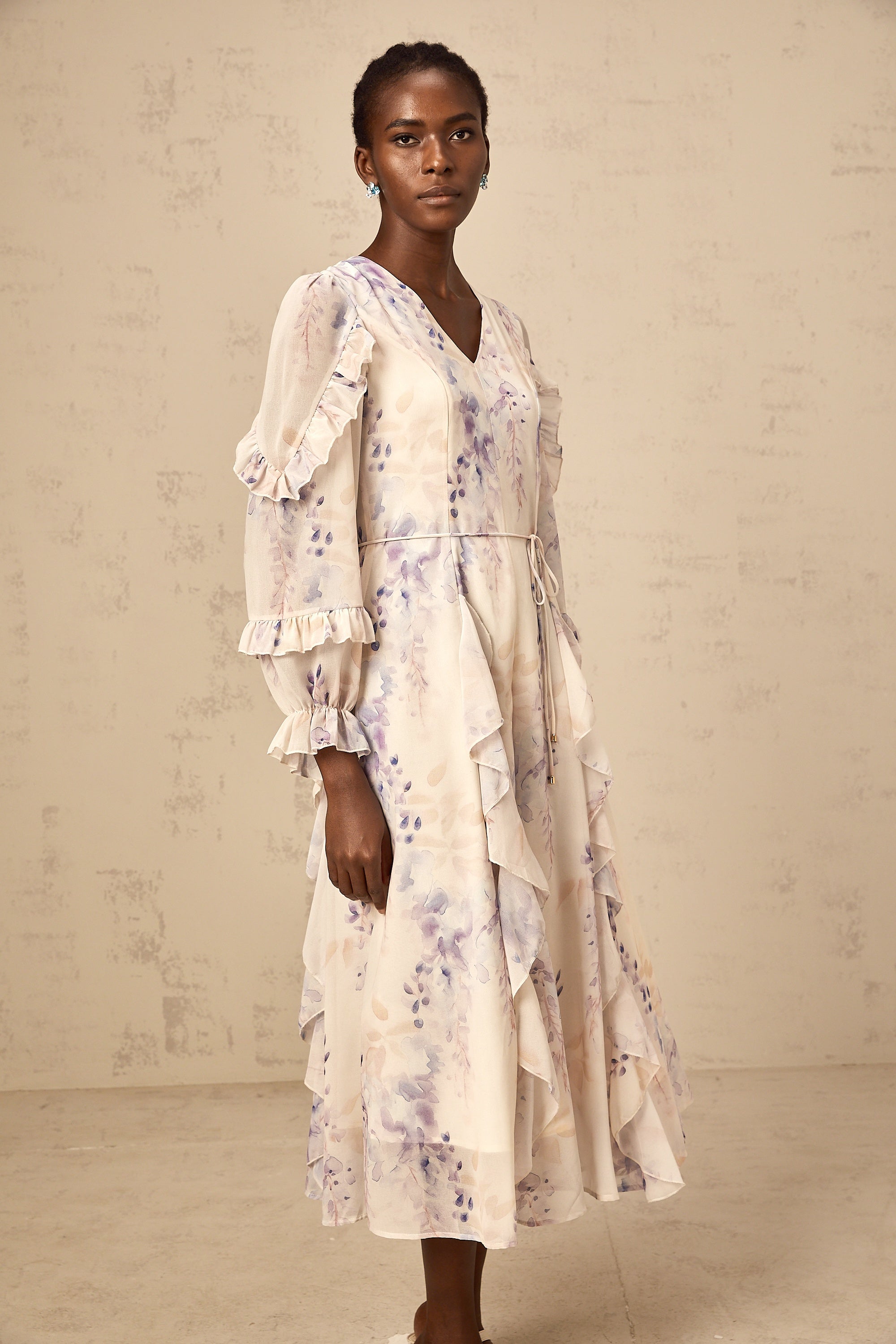 Vivien neutrals wistaria-print flared midi dress
