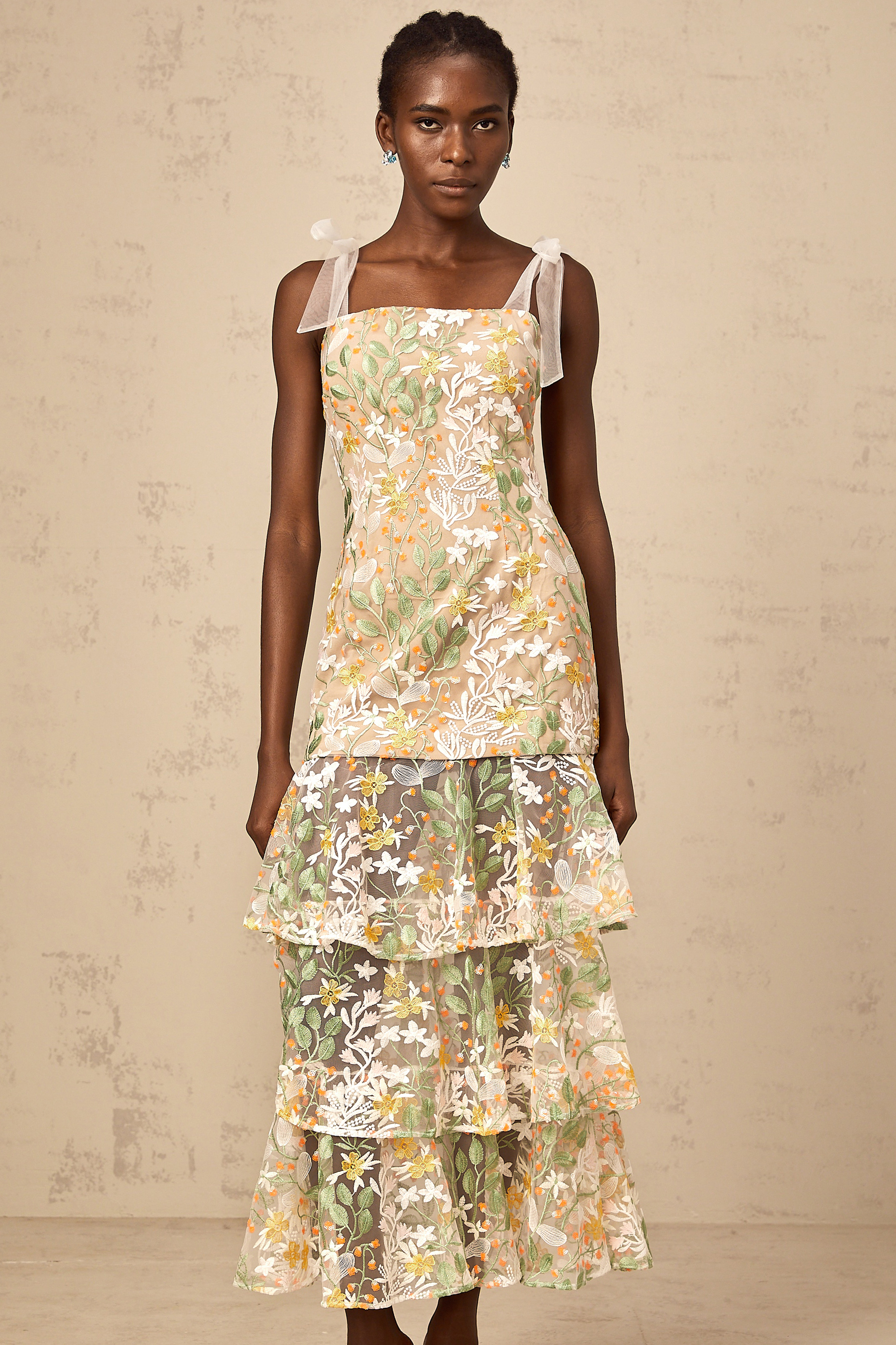 Bérénice white flower-embroidered tiered midi dress