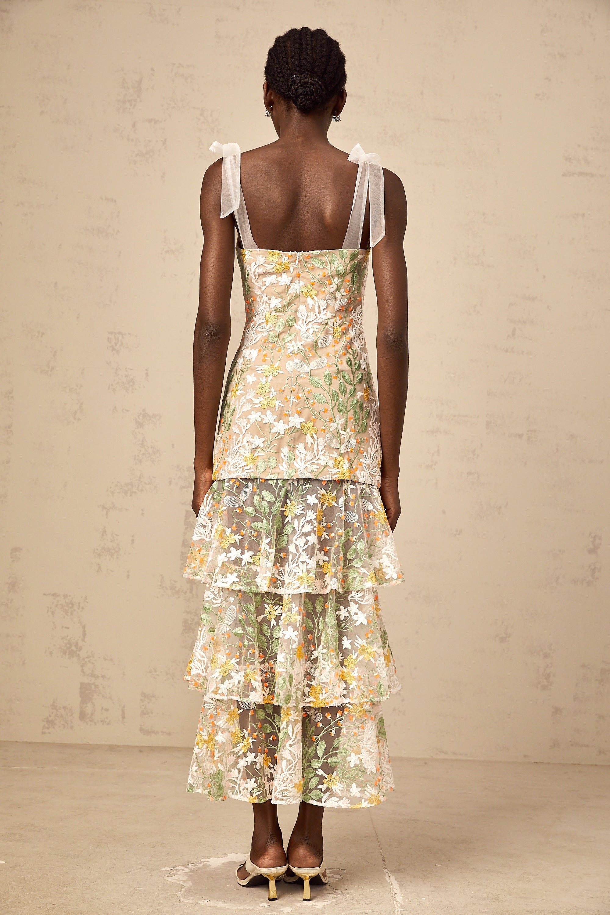 Bérénice white flower-embroidered tiered midi dress