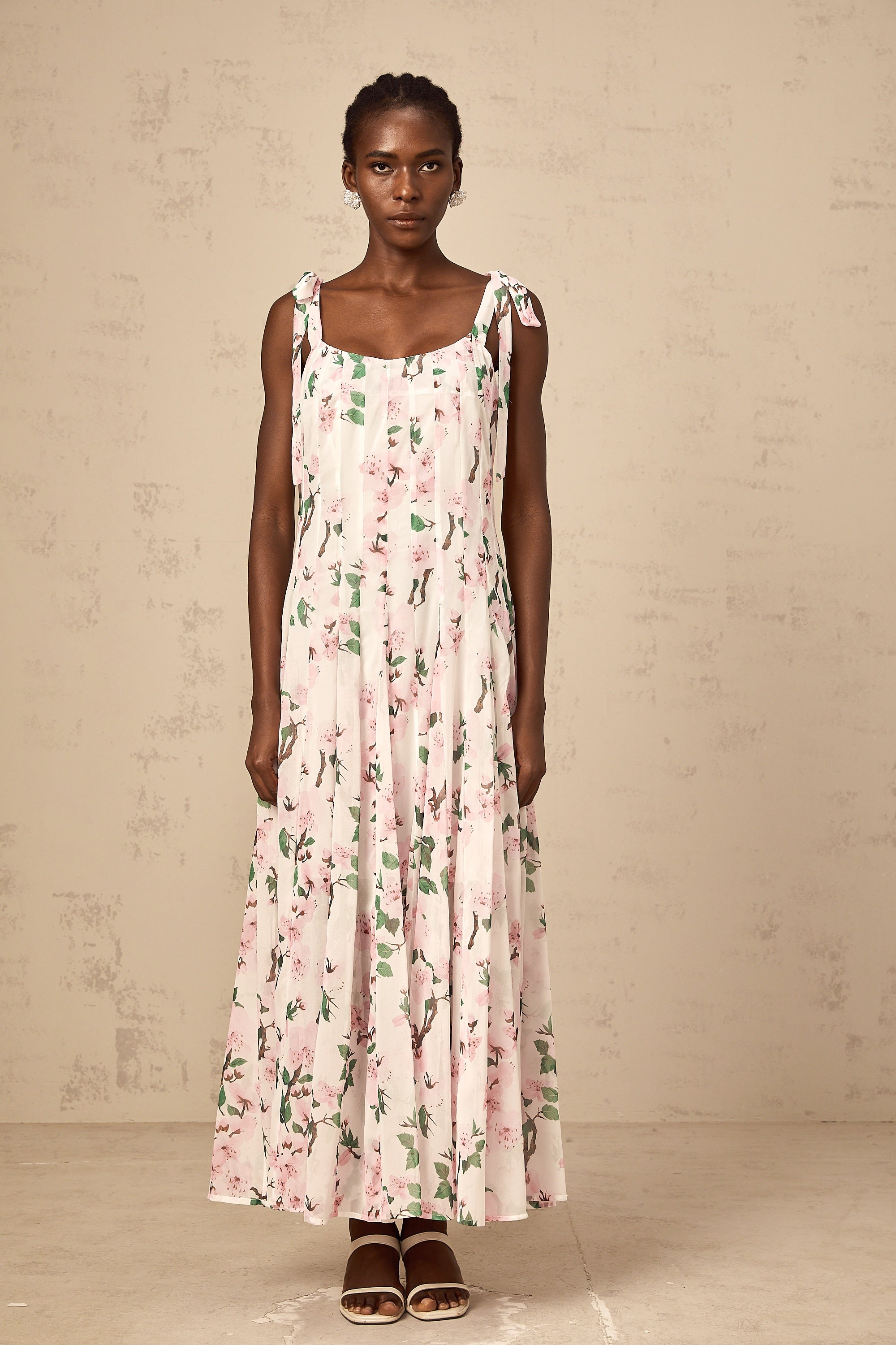 Noèle pink floral-print tied-strap maxi dress