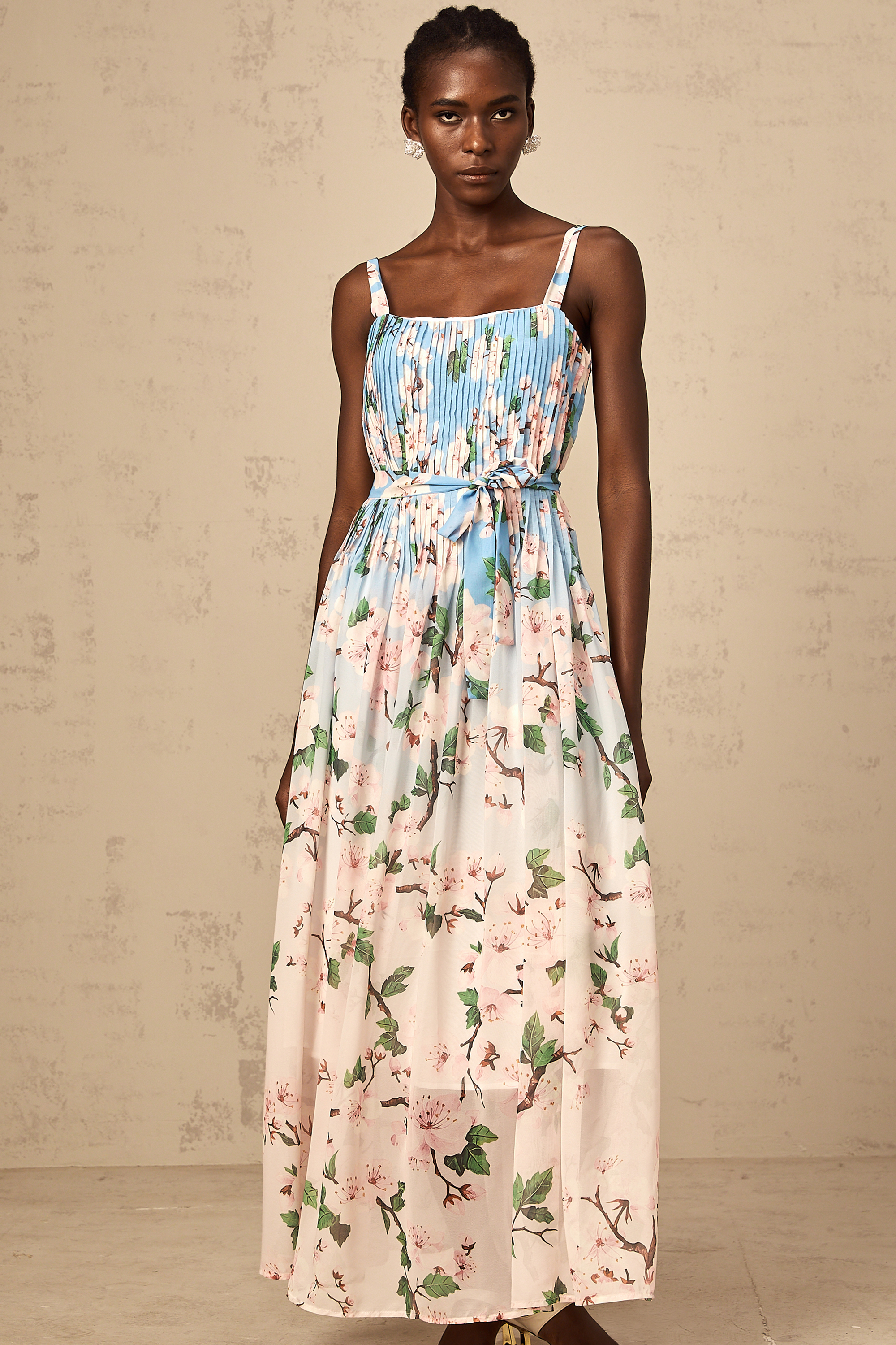 Océane blue floral-print pleated maxi dress