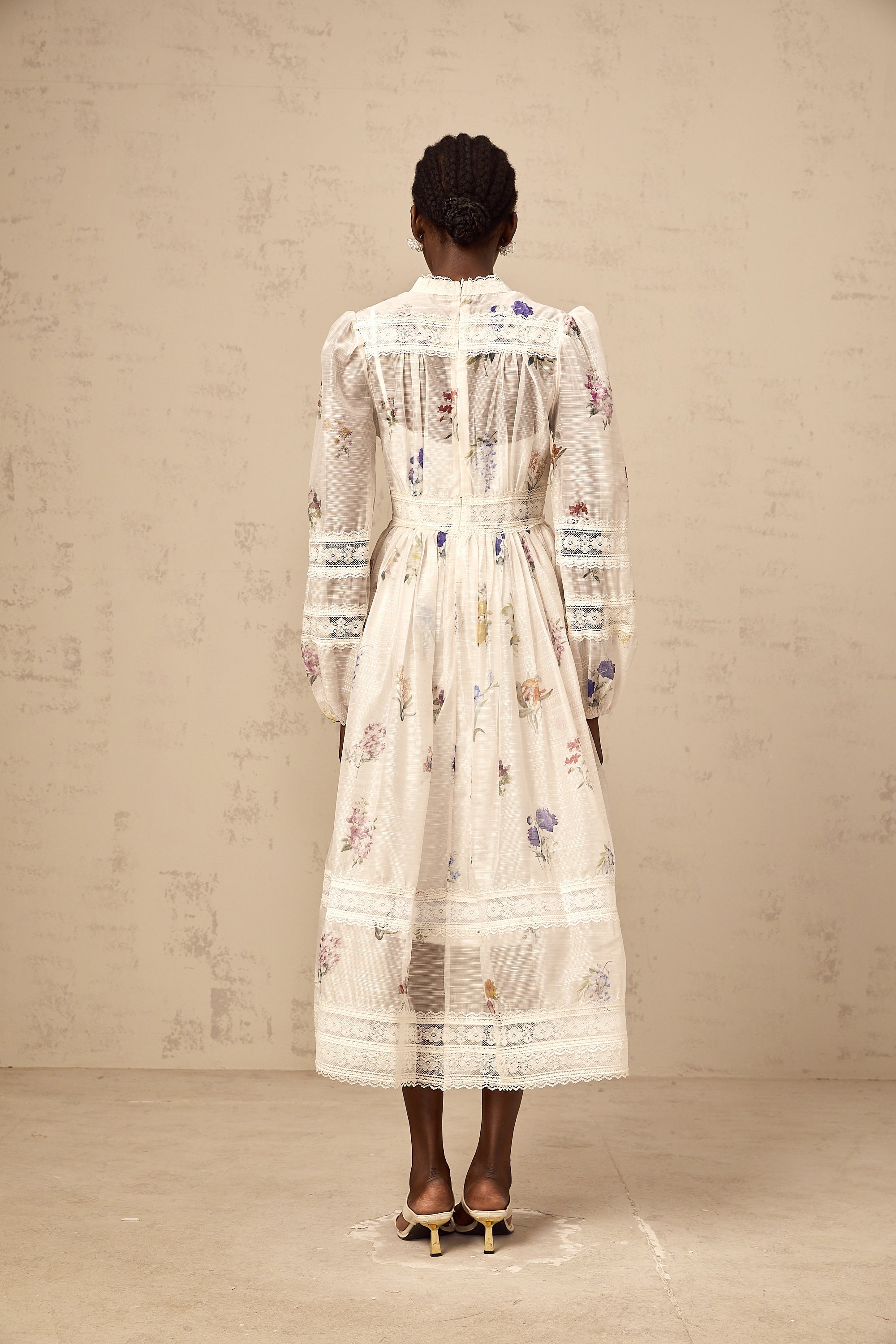 Vivienne white lace-trim floral-print midi dress