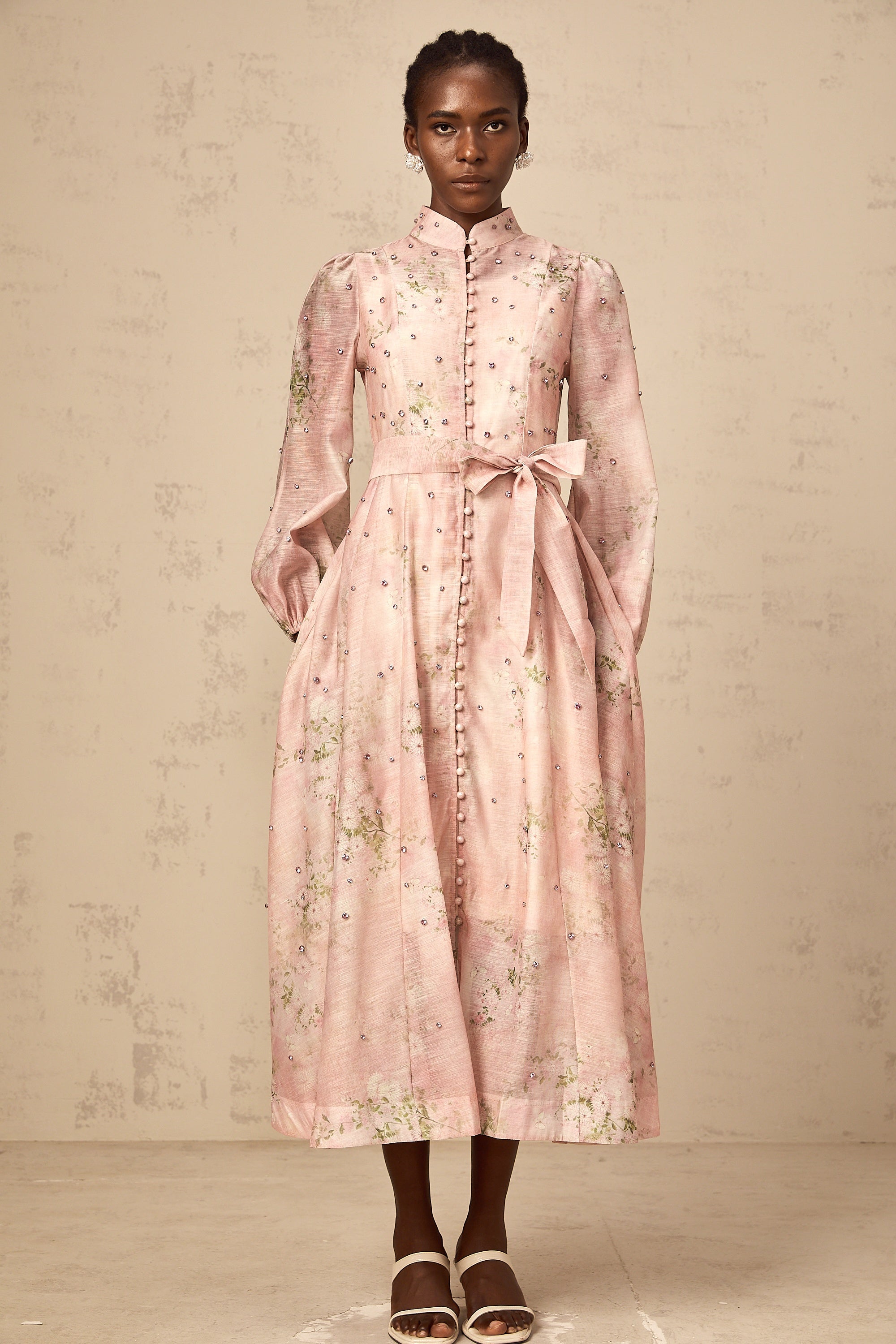 Narcisse pink embellished floral-print midi dress