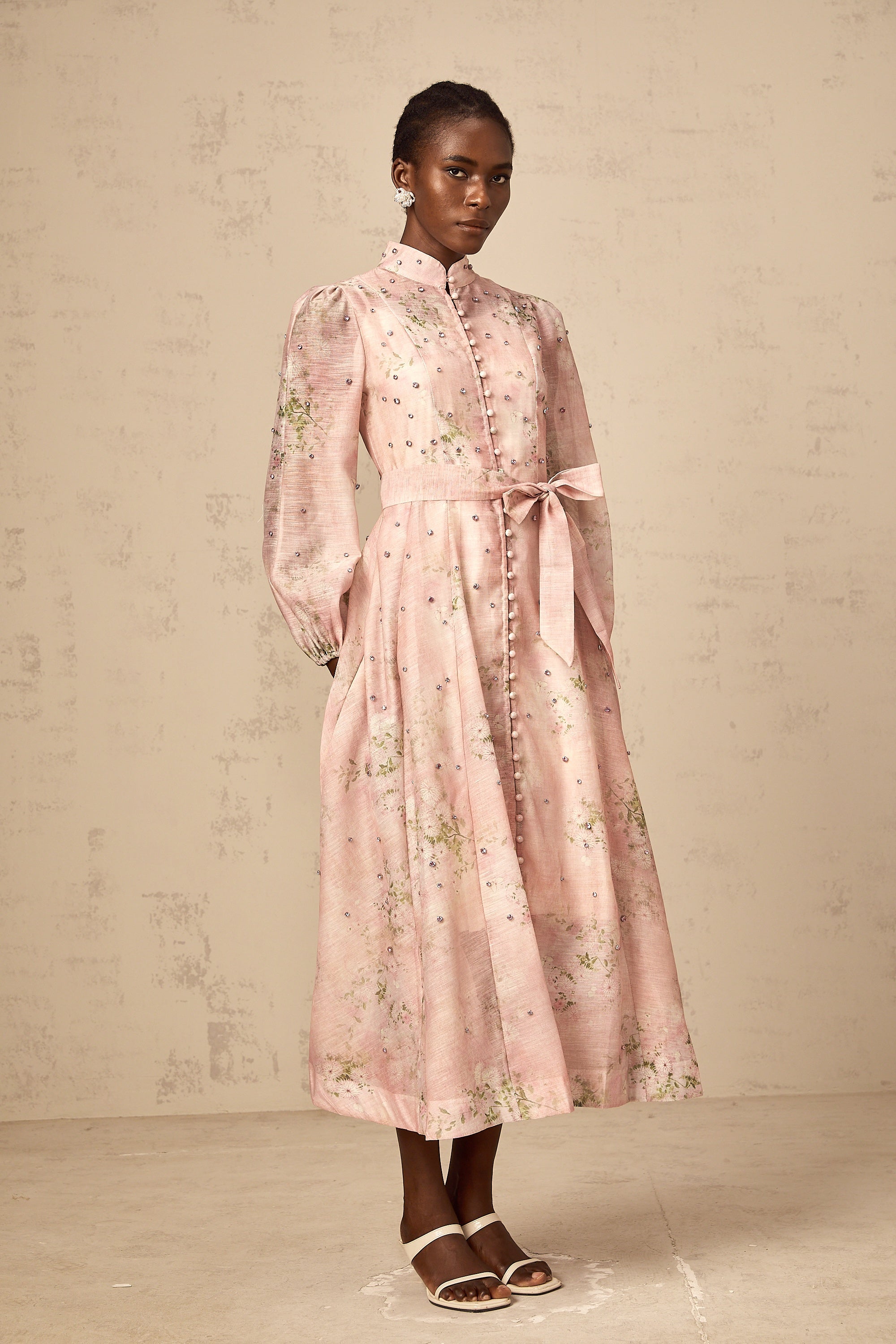 Narcisse pink embellished floral-print midi dress
