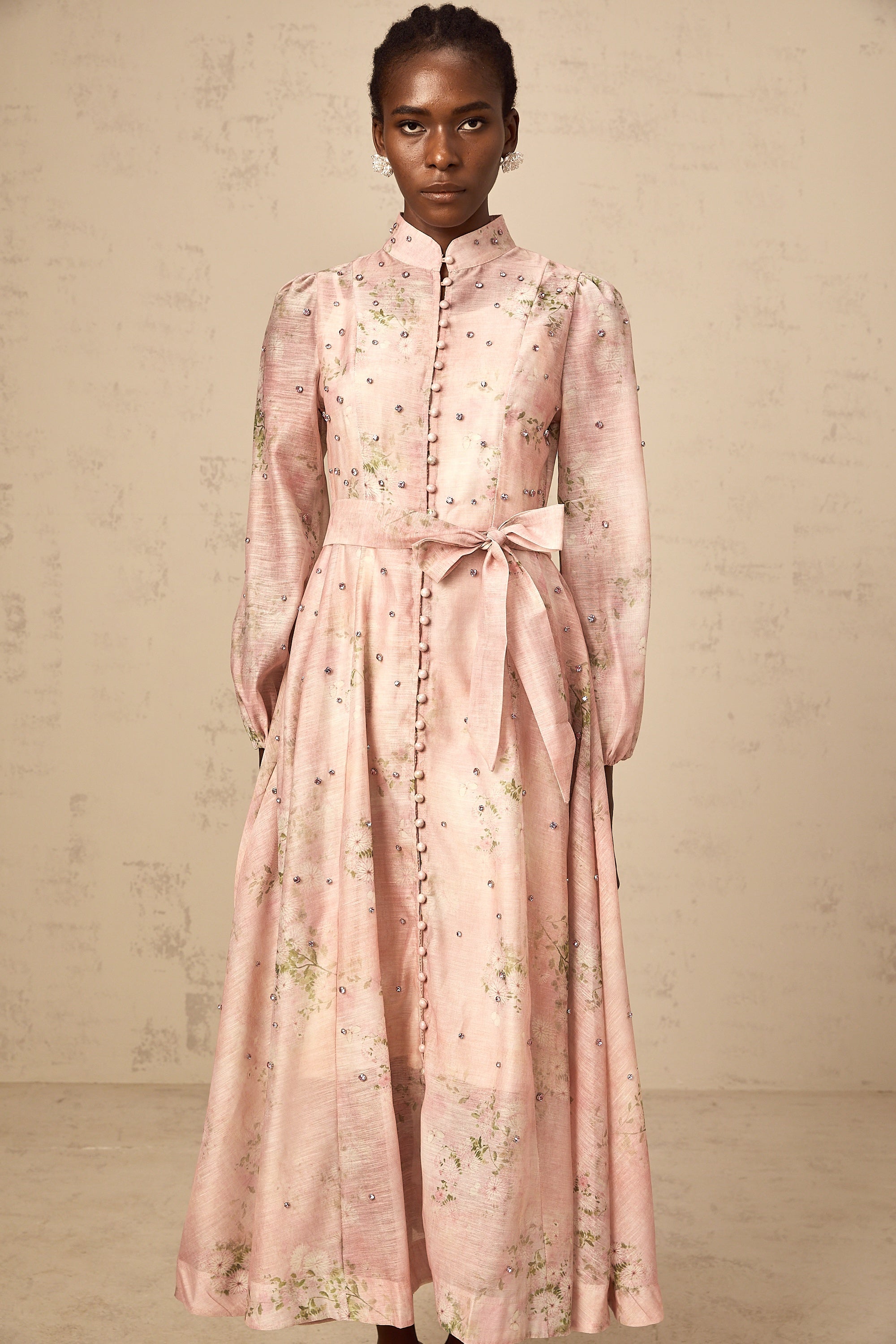 Narcisse pink embellished floral-print midi dress