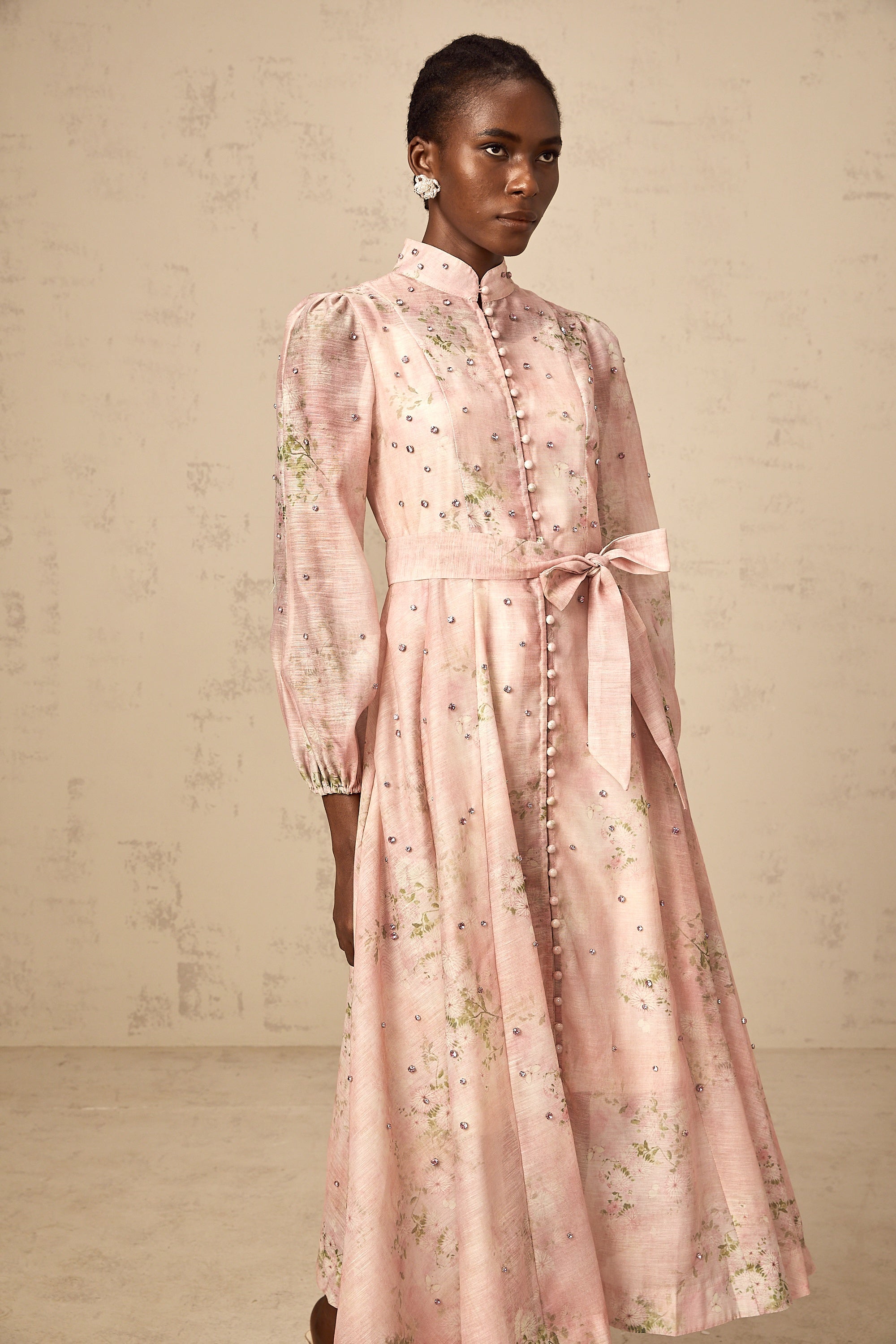 Narcisse pink embellished floral-print midi dress
