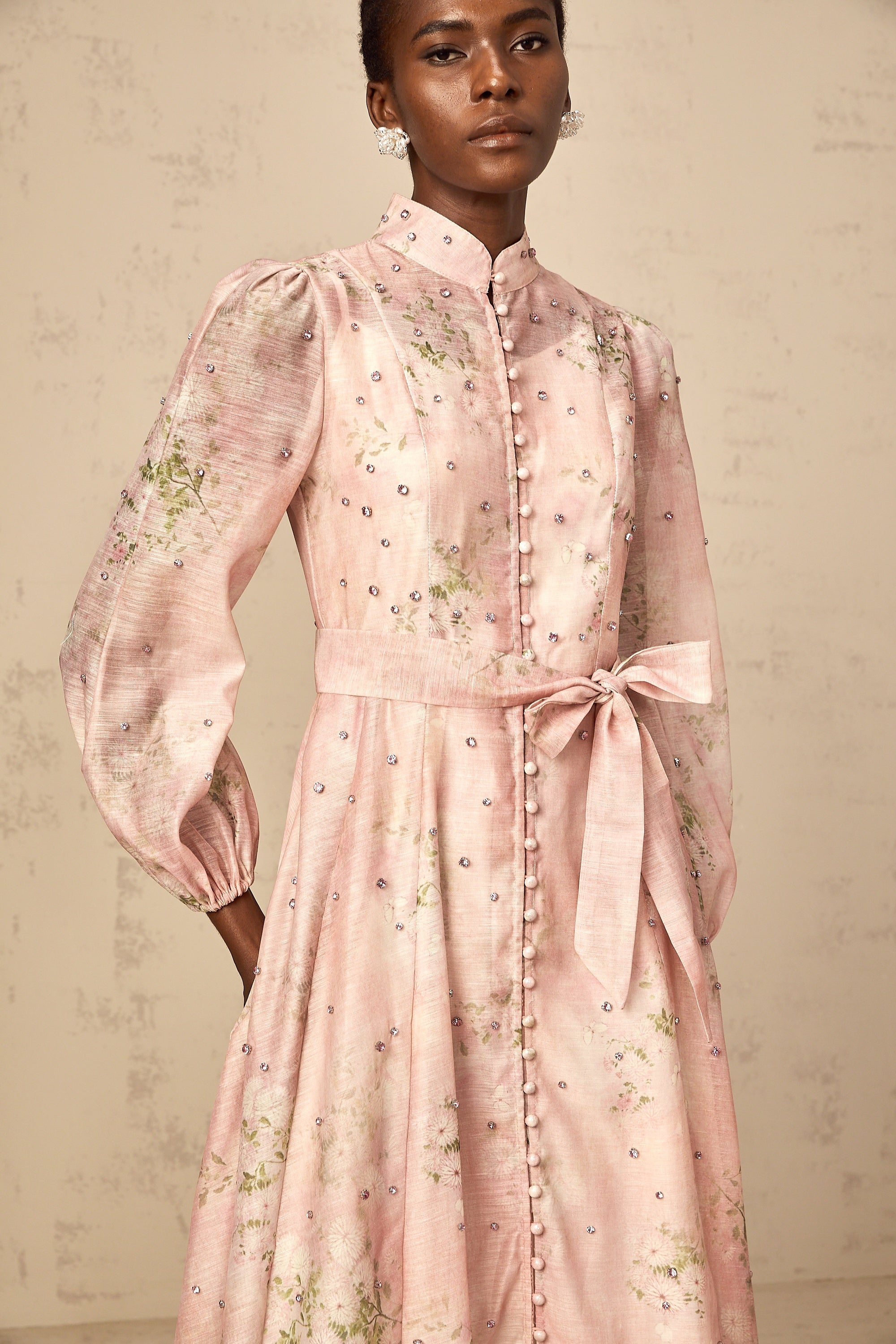 Narcisse pink embellished floral-print midi dress