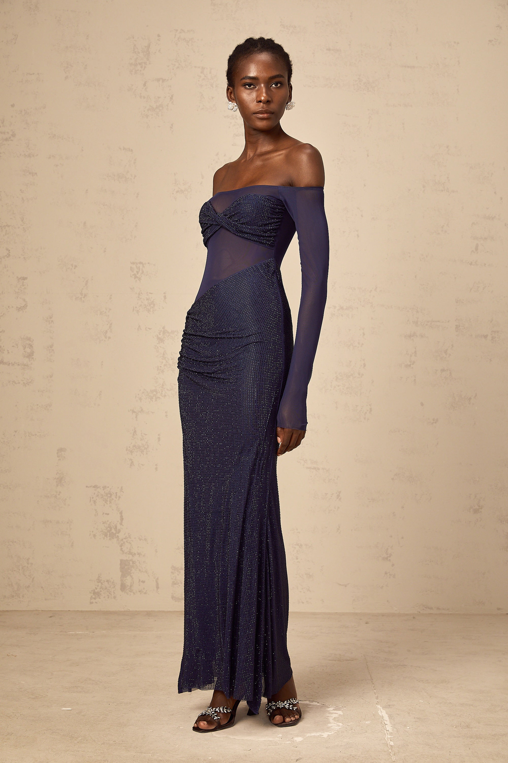 Hermine dark-blue embellished tulle-panel corset maxi dress