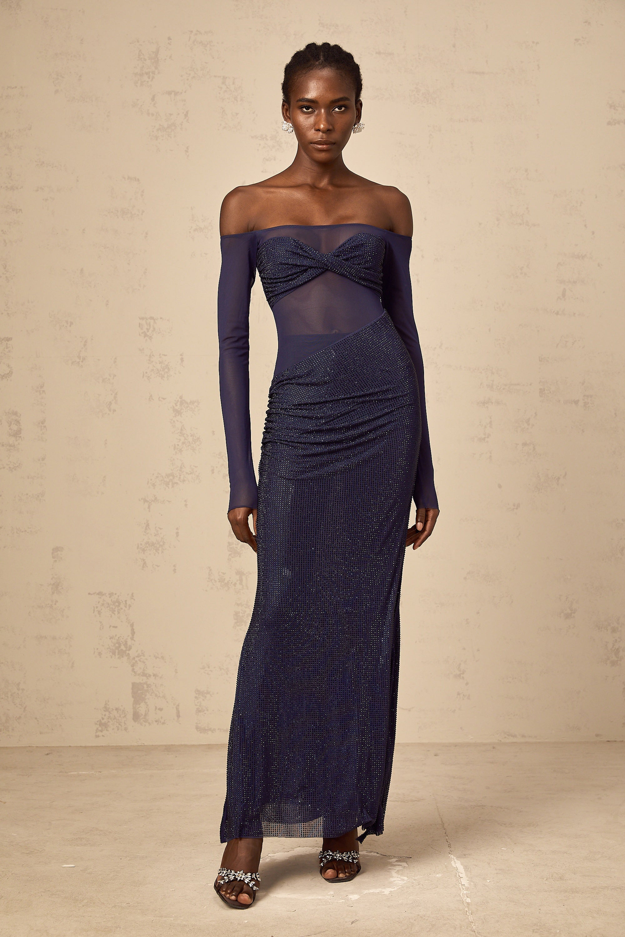 Hermine dark-blue embellished tulle-panel corset maxi dress