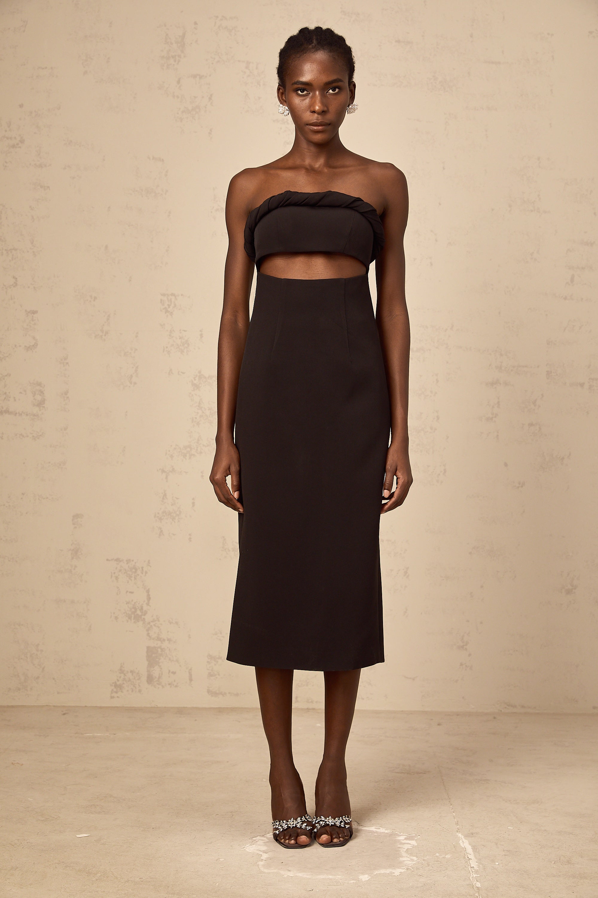 Florence black off-shoulder cut-out fitted midi dress