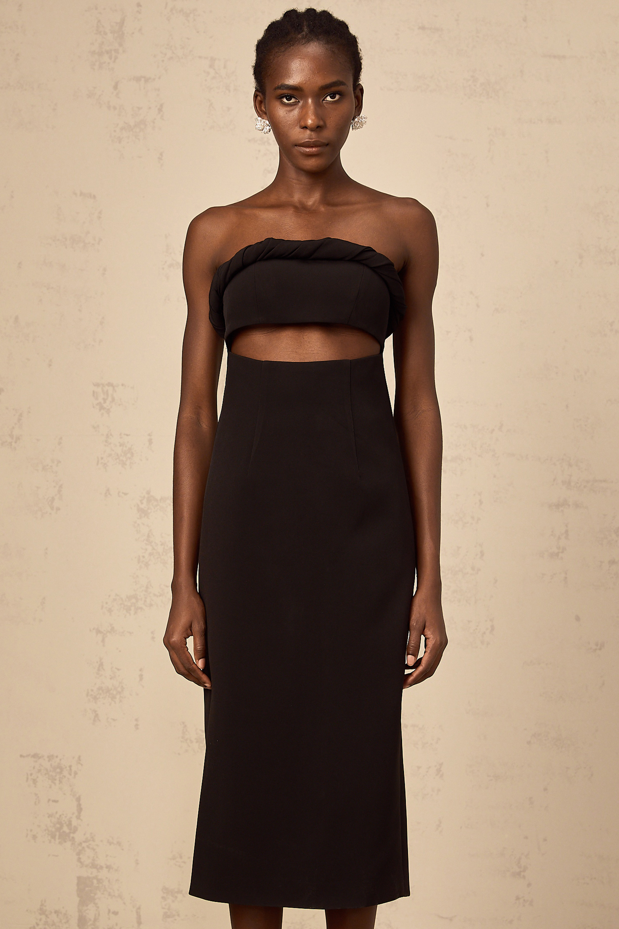 Florence black off-shoulder cut-out fitted midi dress