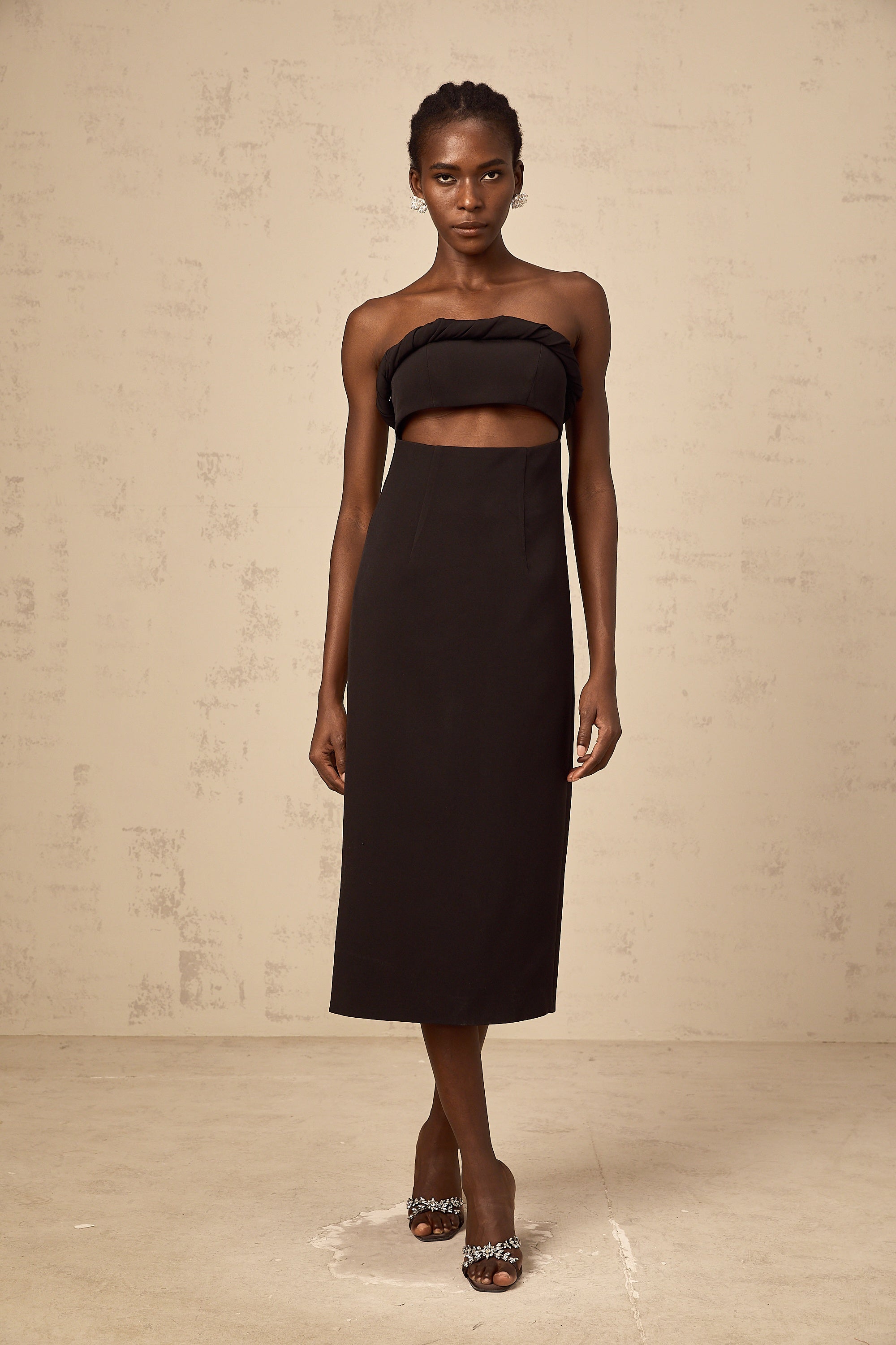 Florence black off-shoulder cut-out fitted midi dress