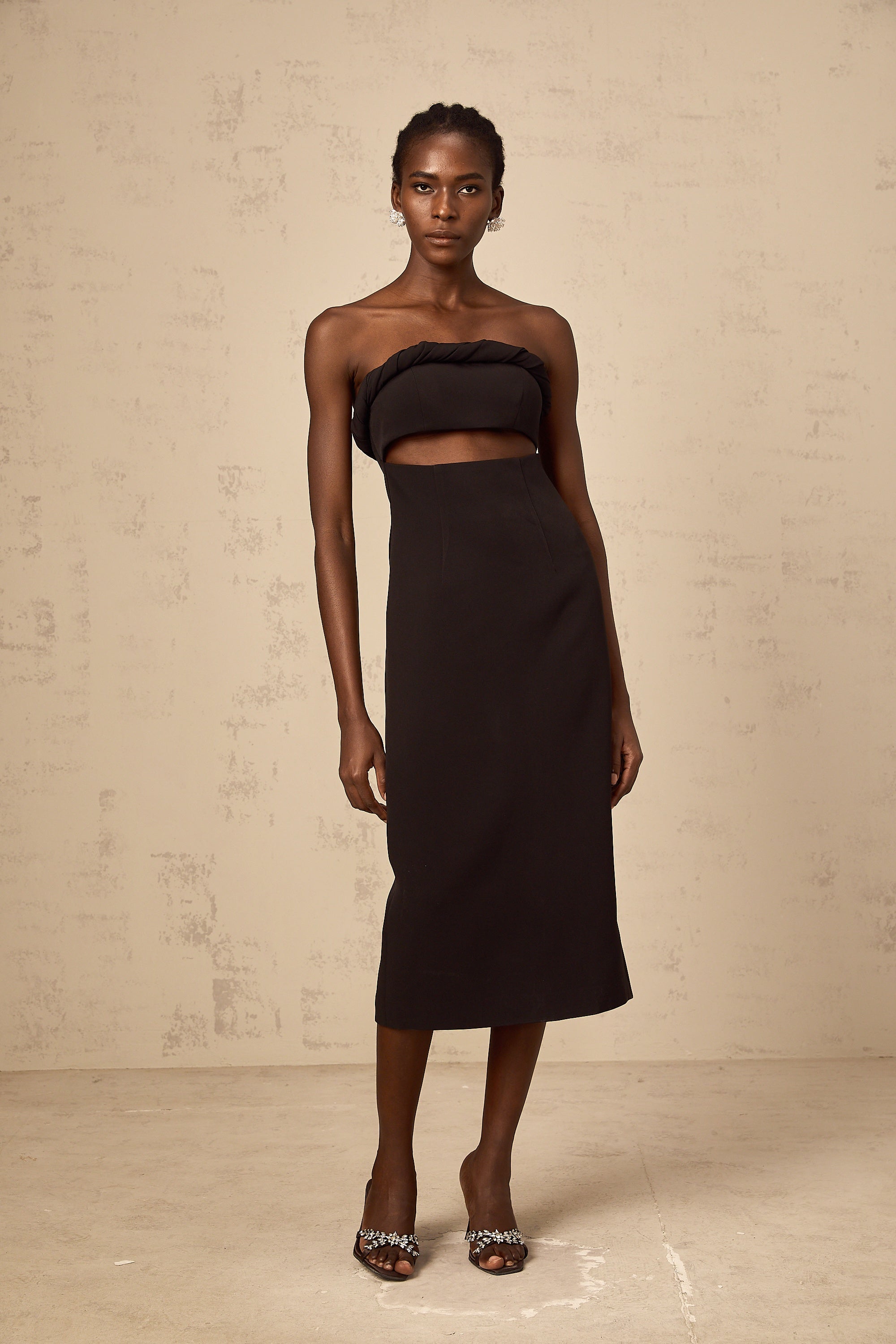 Florence black off-shoulder cut-out fitted midi dress