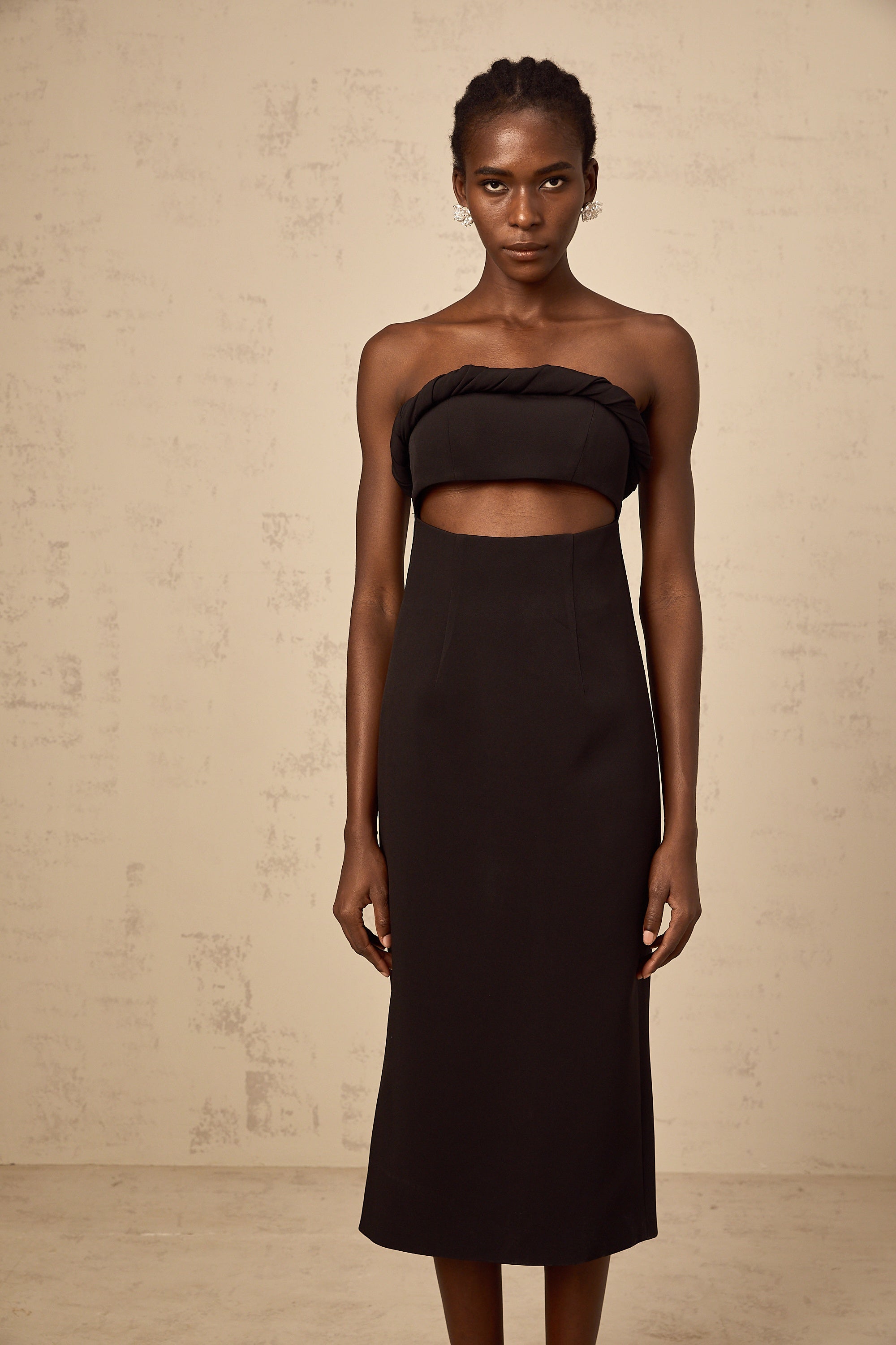 Florence black off-shoulder cut-out fitted midi dress