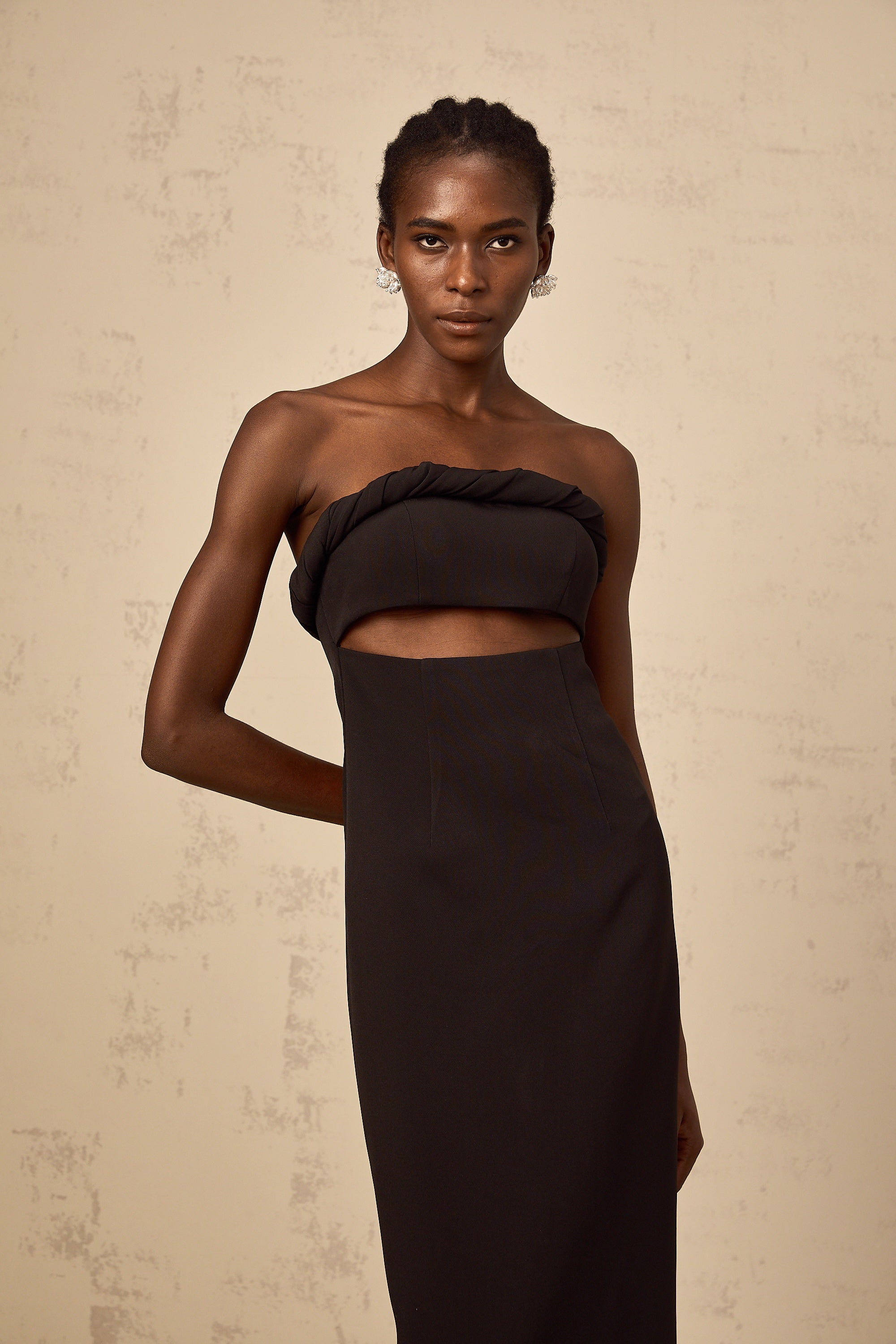 Florence black off-shoulder cut-out fitted midi dress