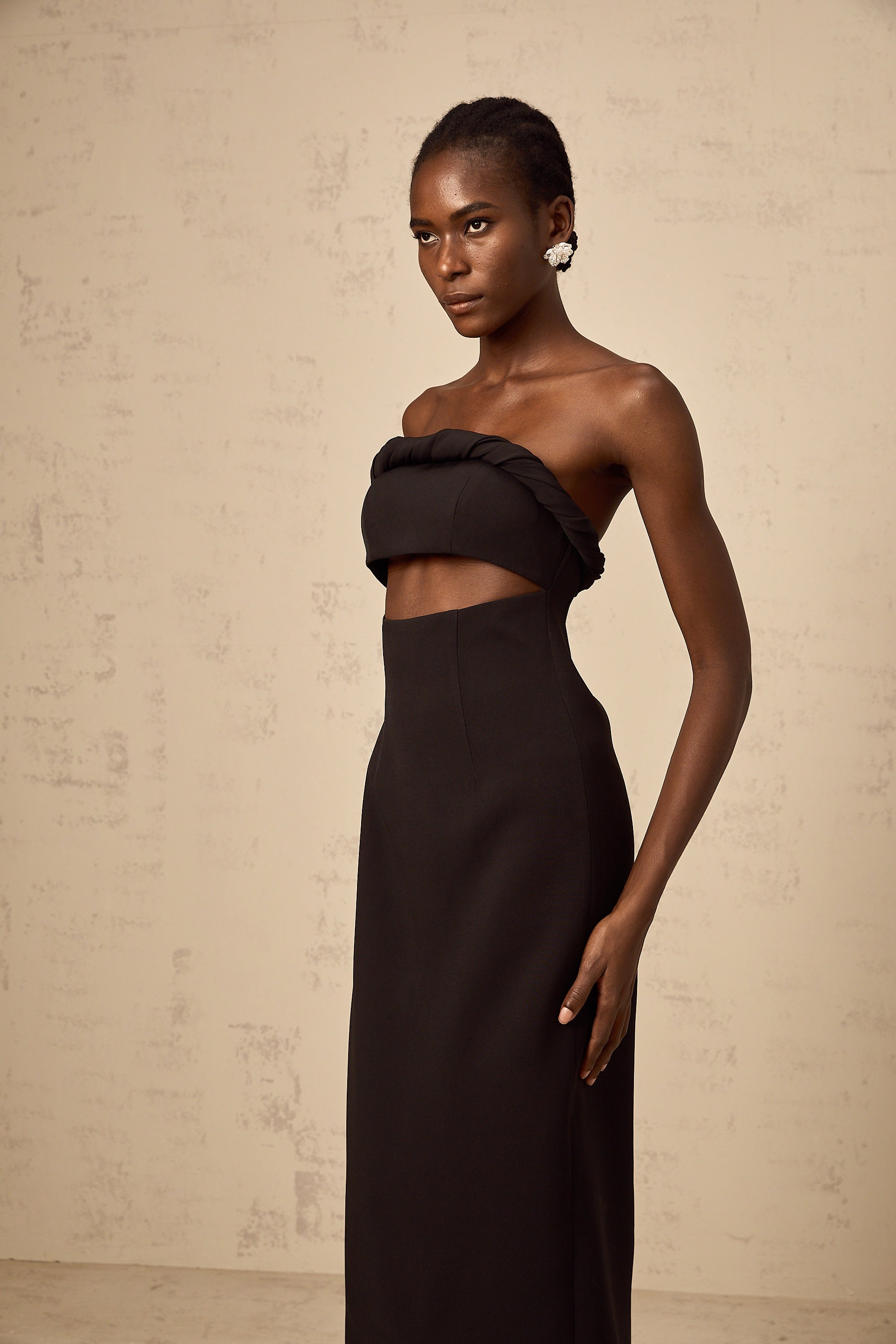 Florence black off-shoulder cut-out fitted midi dress