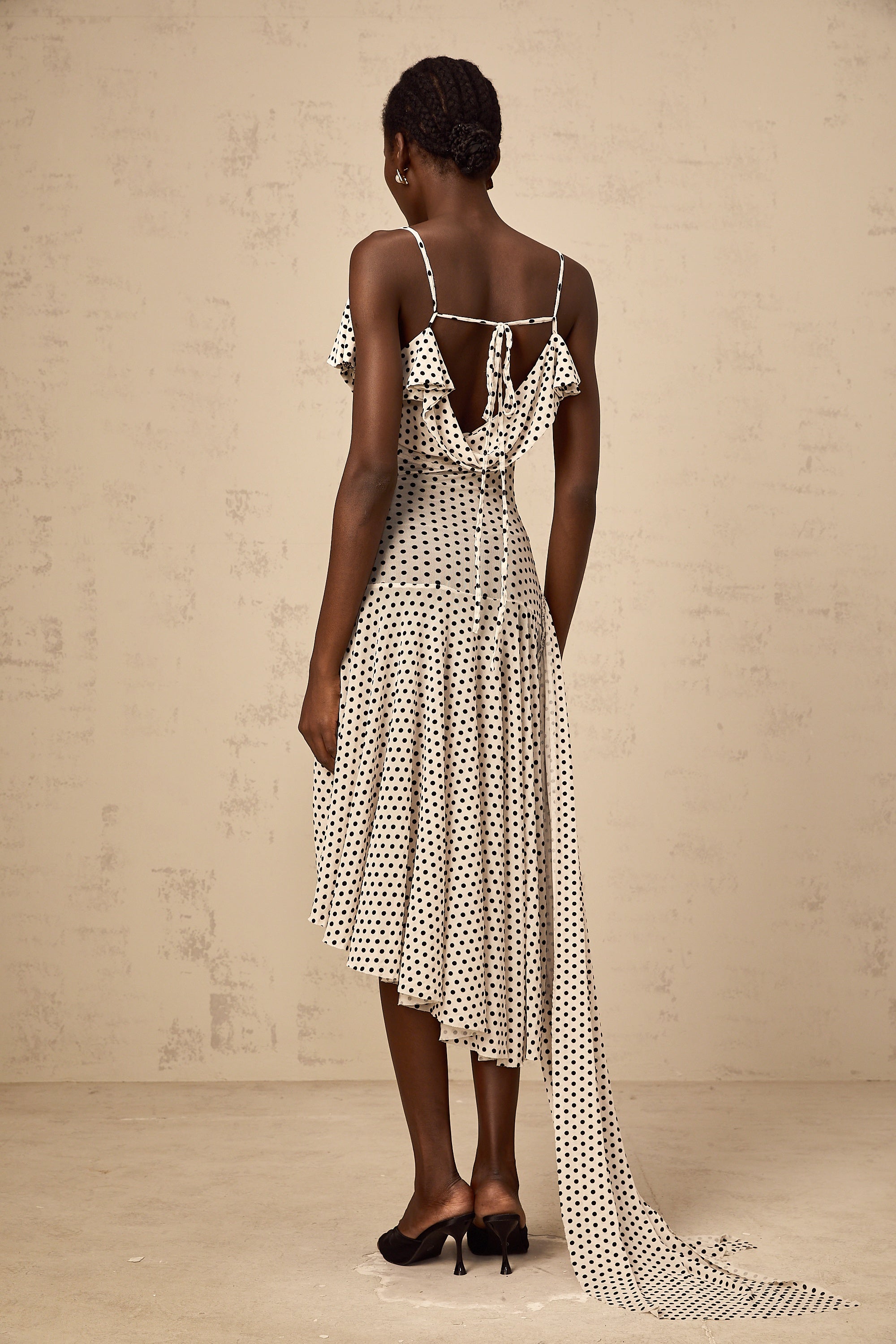 Véronica white polka-dot asymmetrical midi dress