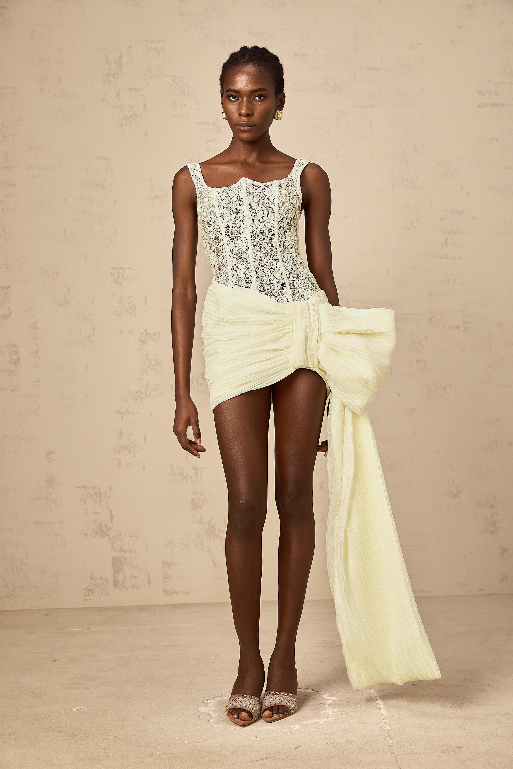 Gabrielle neutrals bowknot floral-lace-penal mini dress