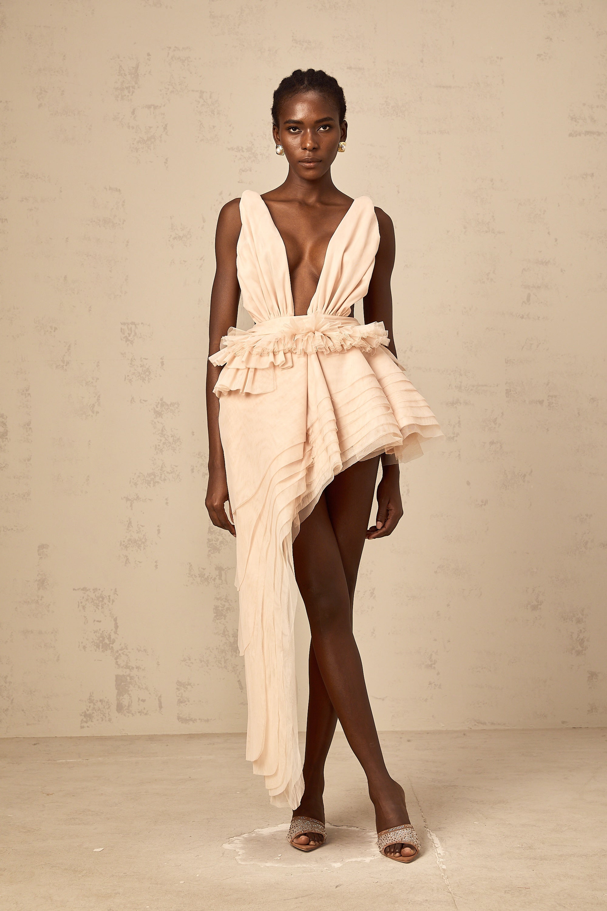 Isoline ribbon-design asymmetrical mini dress in Neutrals (Final Sale)
