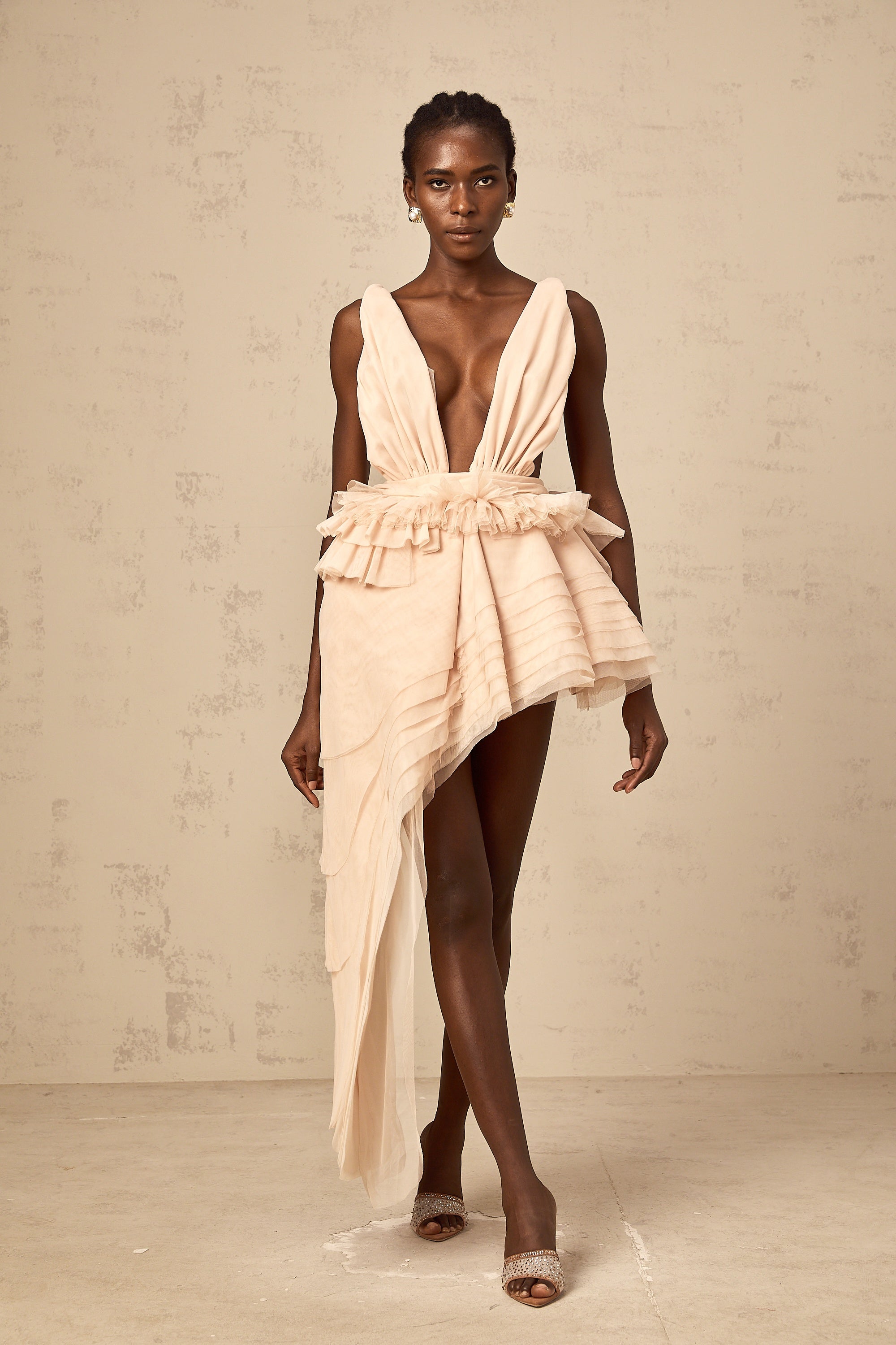 Isoline ribbon-design asymmetrical mini dress in Neutrals (Final Sale)