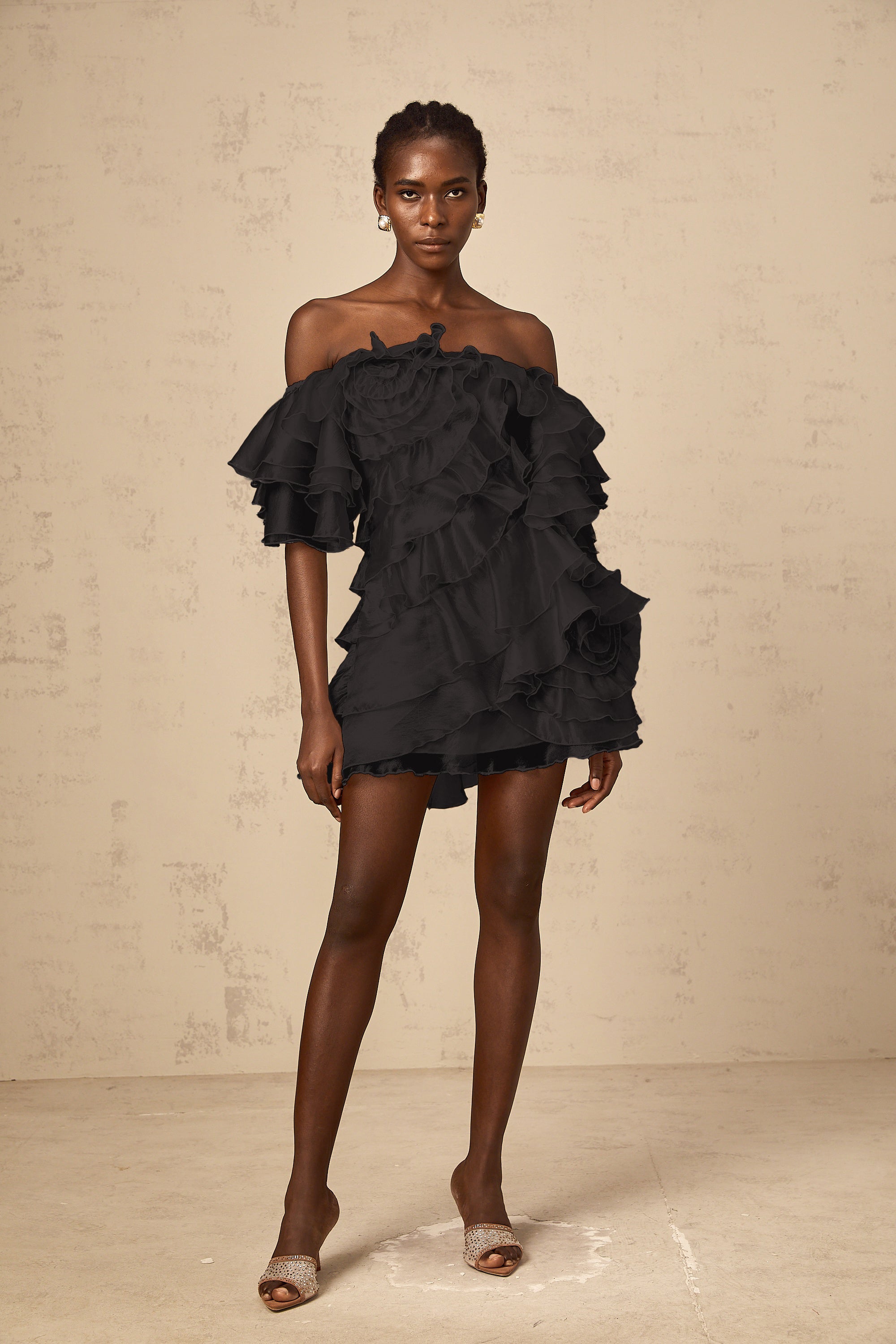 Cerise asymmetrical flounce mini dress in Black (Final Sale-US Only)