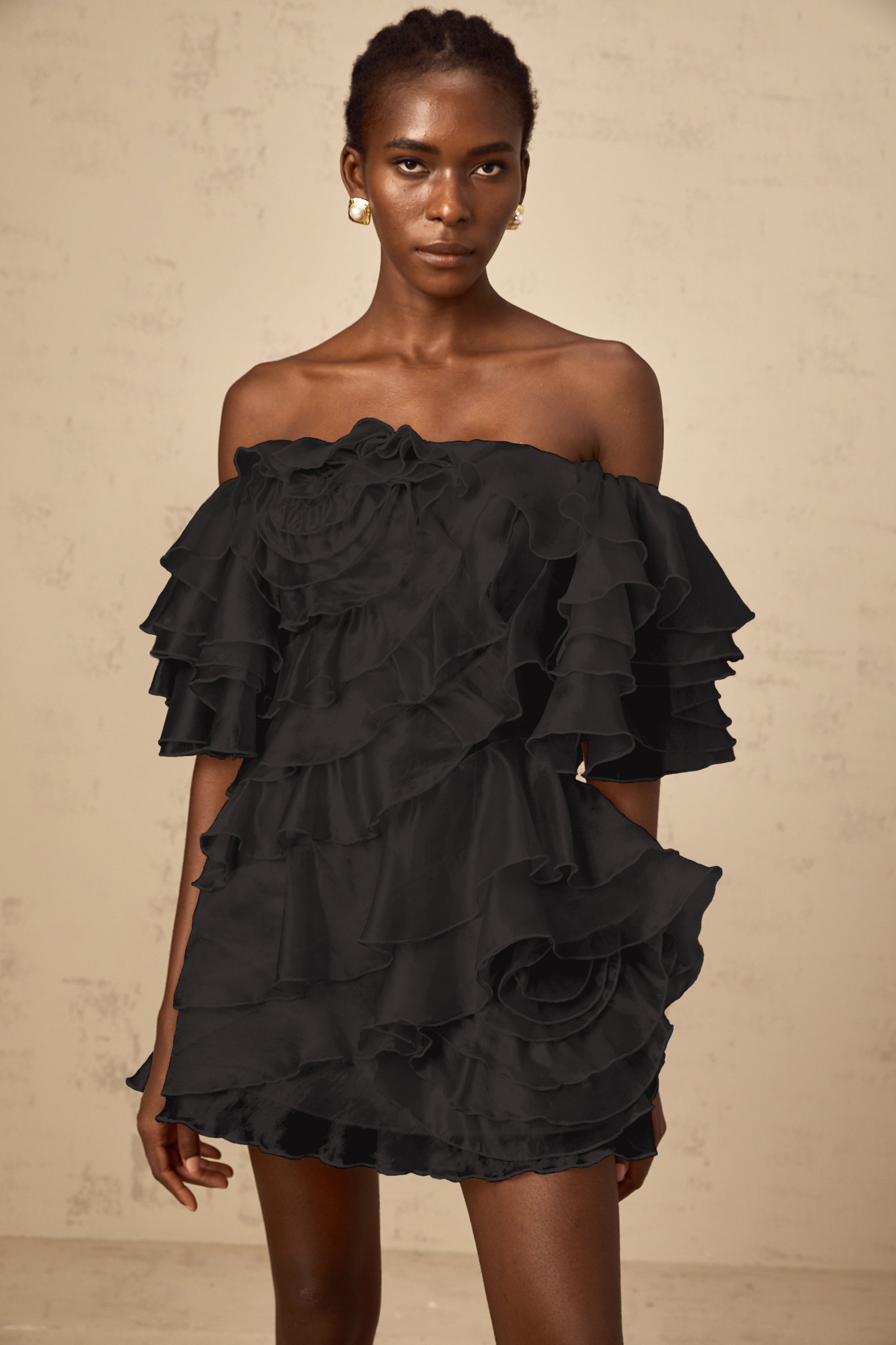 Cerise asymmetrical flounce mini dress in Black (Final Sale-US Only)