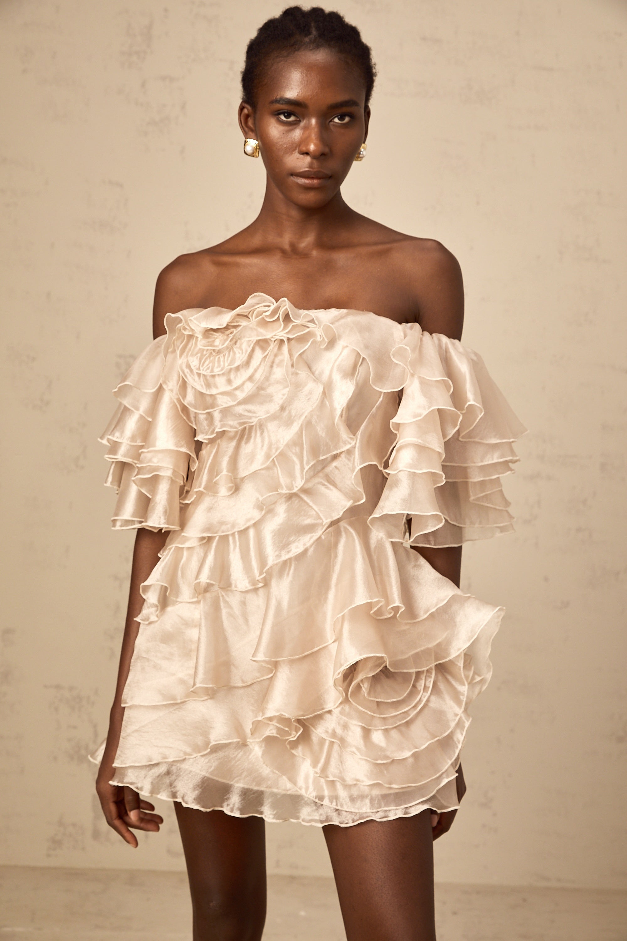 Cerise asymmetrical flounce mini dress in Neutrals (Final Sale-US Only)