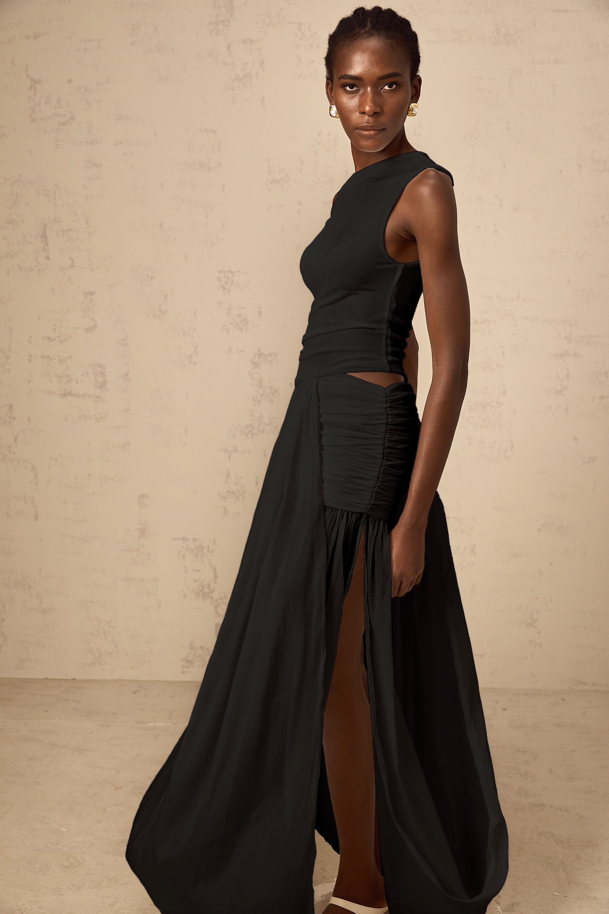 Eugenie mono-shoulder shirred-panel maxi dress in Black