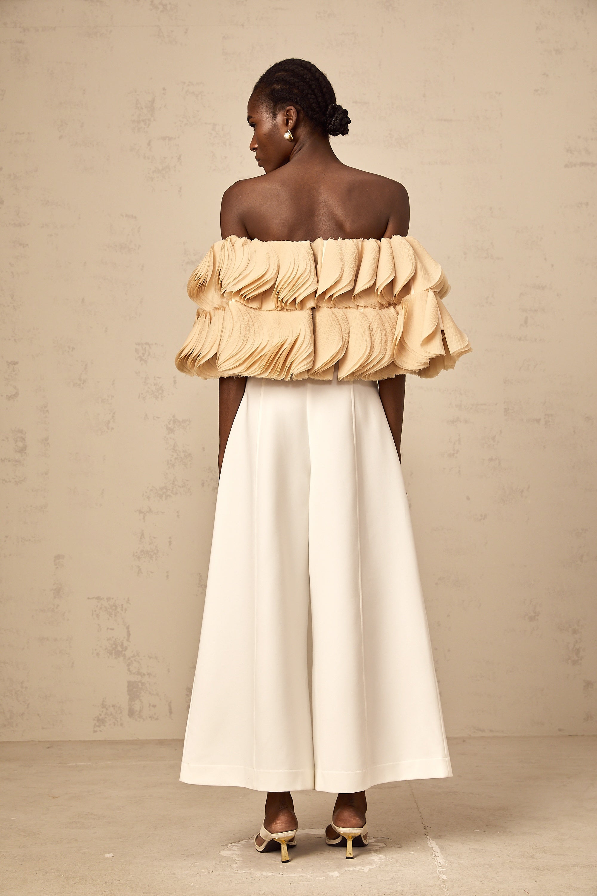 Elise neutrals off-shoulder shirred cropped top (Final Sale-US Only)