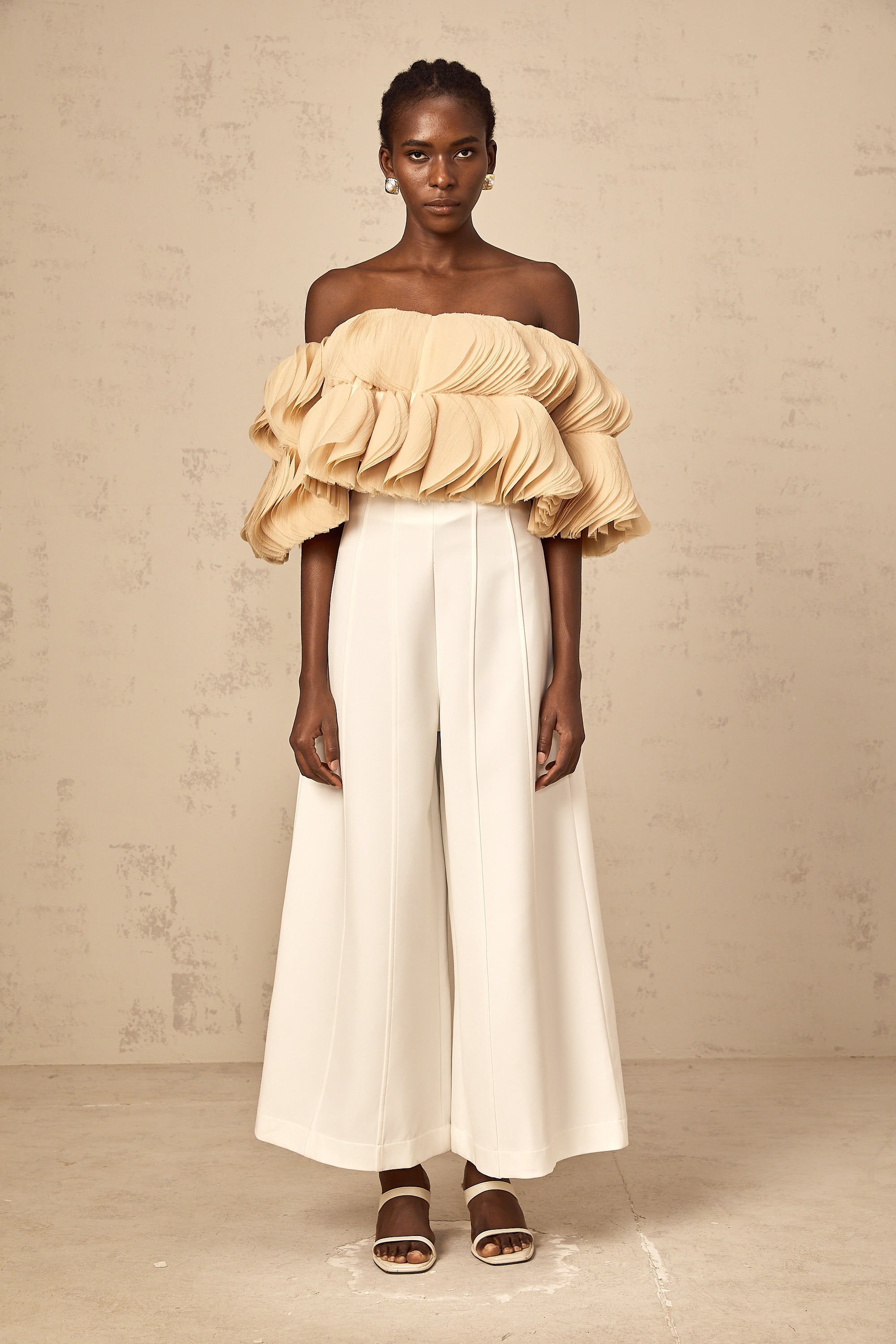 Elise neutrals off-shoulder shirred cropped top (Final Sale-US Only)