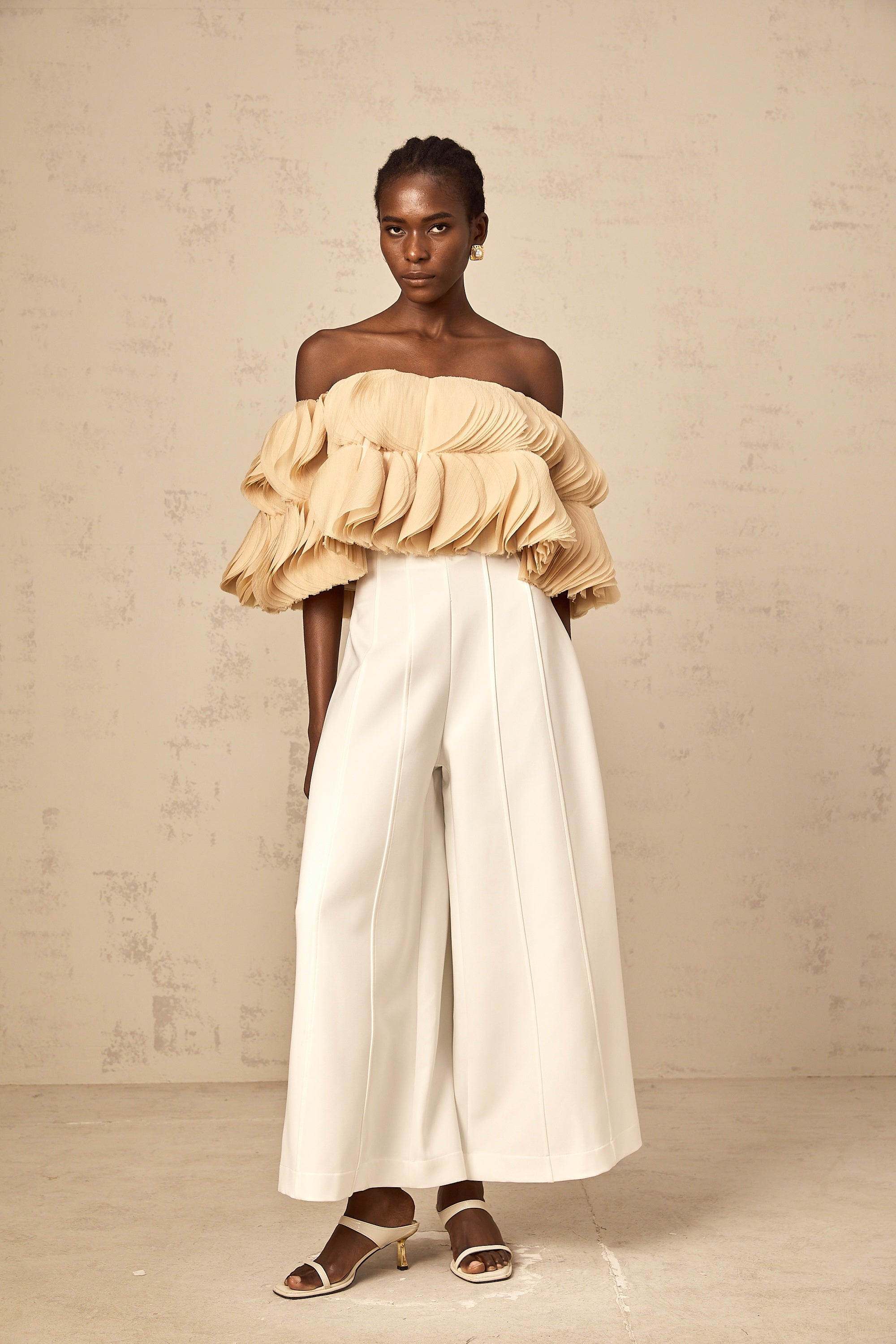 Elise neutrals off-shoulder shirred cropped top (Final Sale-US Only)