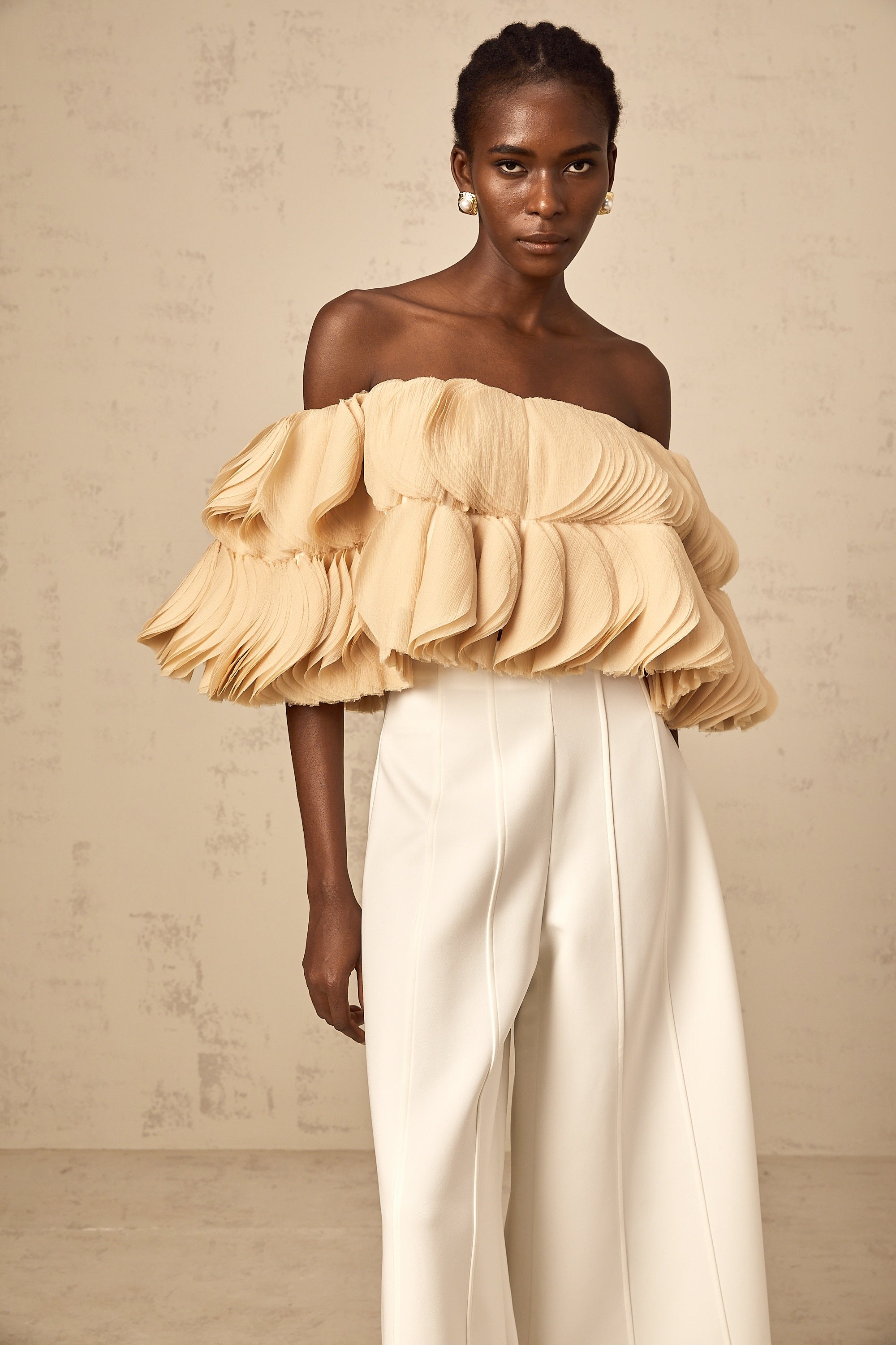 Elise neutrals off-shoulder shirred cropped top (Final Sale-US Only)