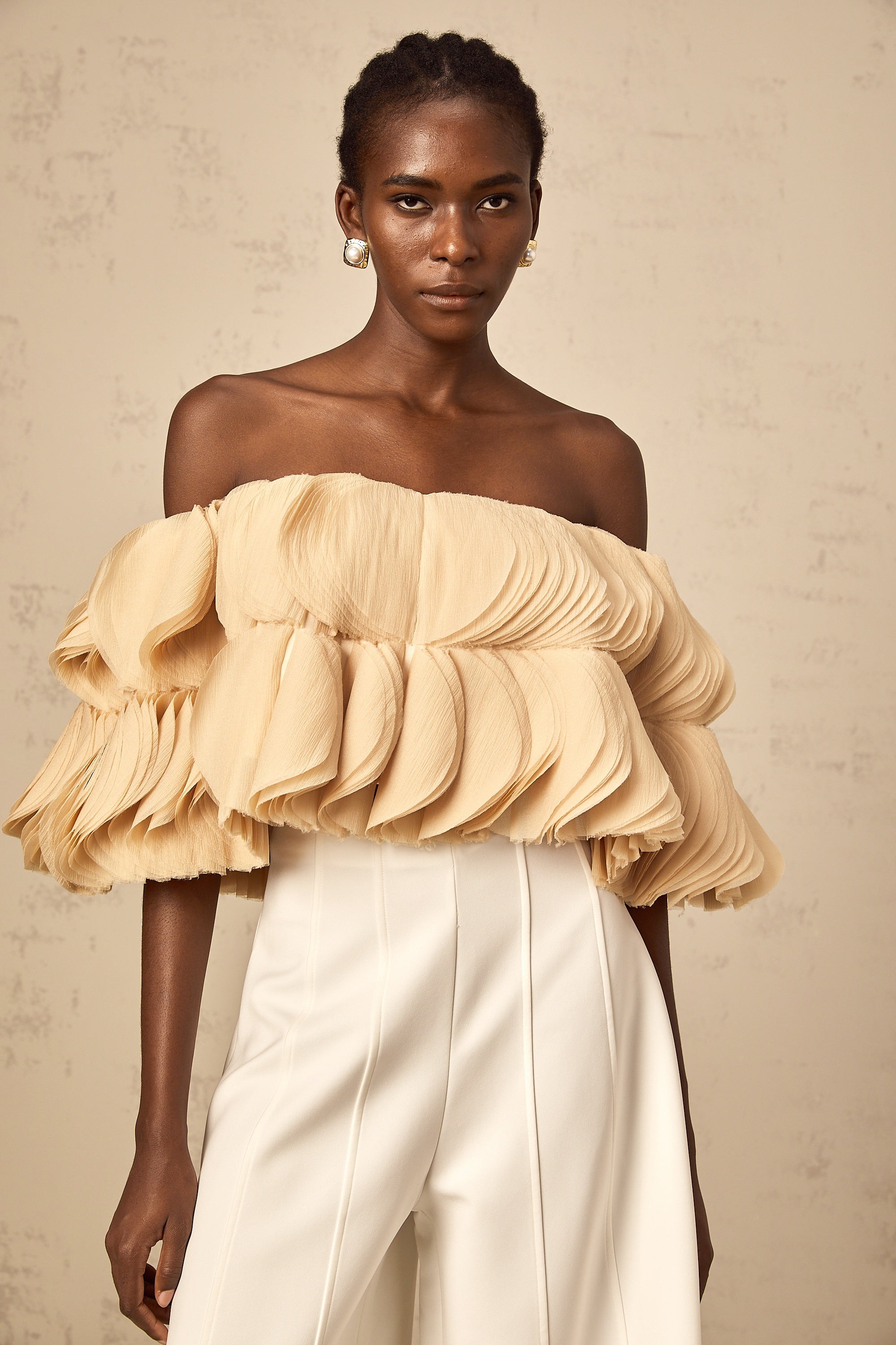 Elise neutrals off-shoulder shirred cropped top (Final Sale-US Only)