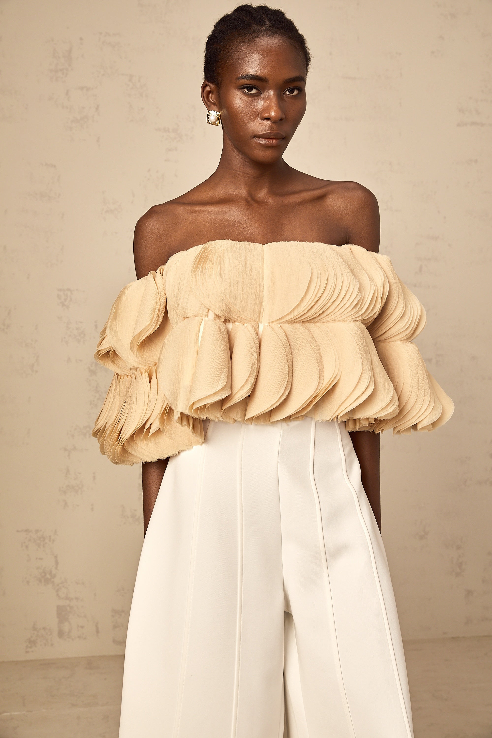 Elise neutrals off-shoulder shirred cropped top (Final Sale-US Only)