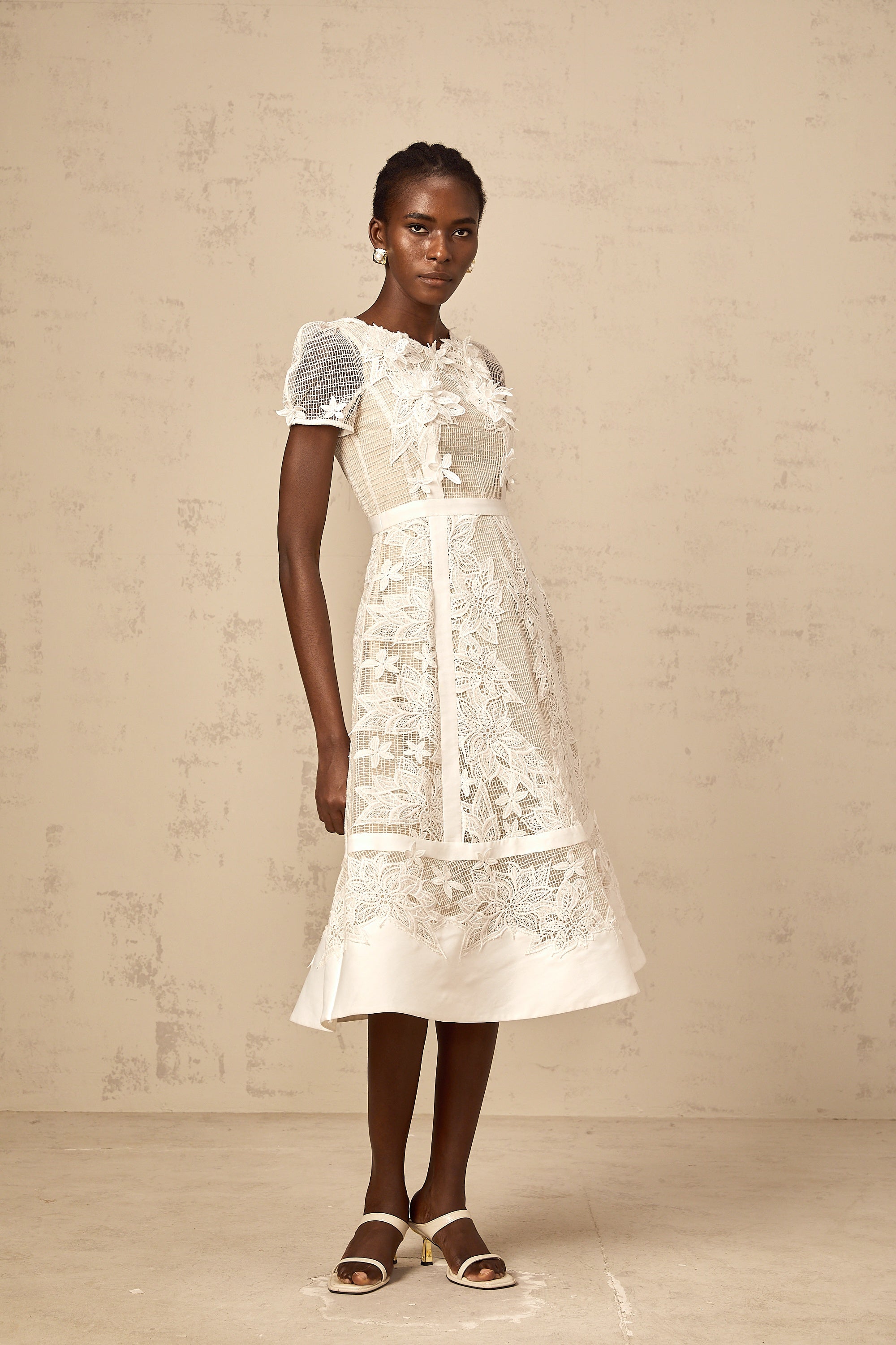 Clémence white flower-embroidered midi dress