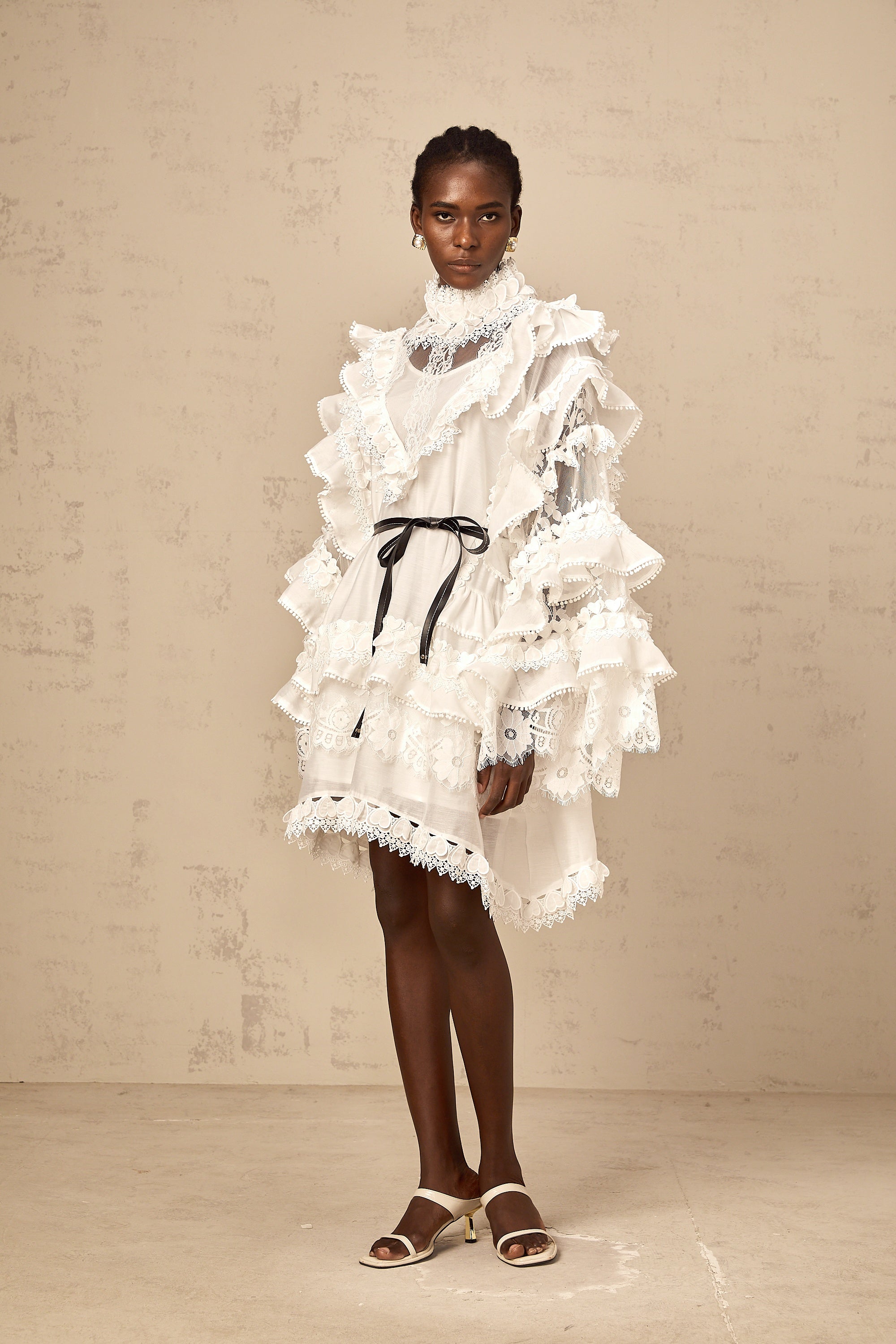 Mylène white tied layered lace mini dress