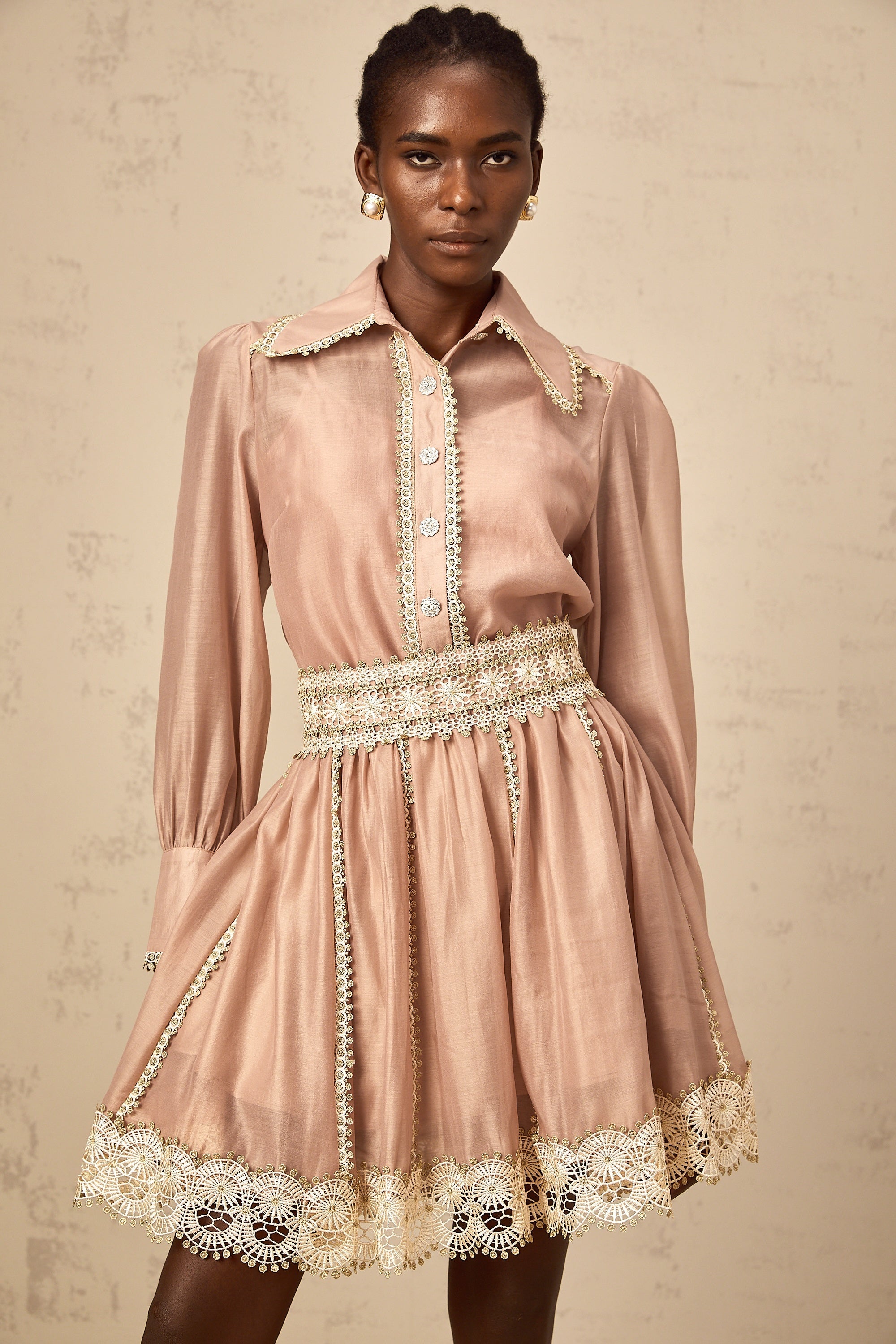 Zazie salmon-pink lace-trim shirt & skirt matching set