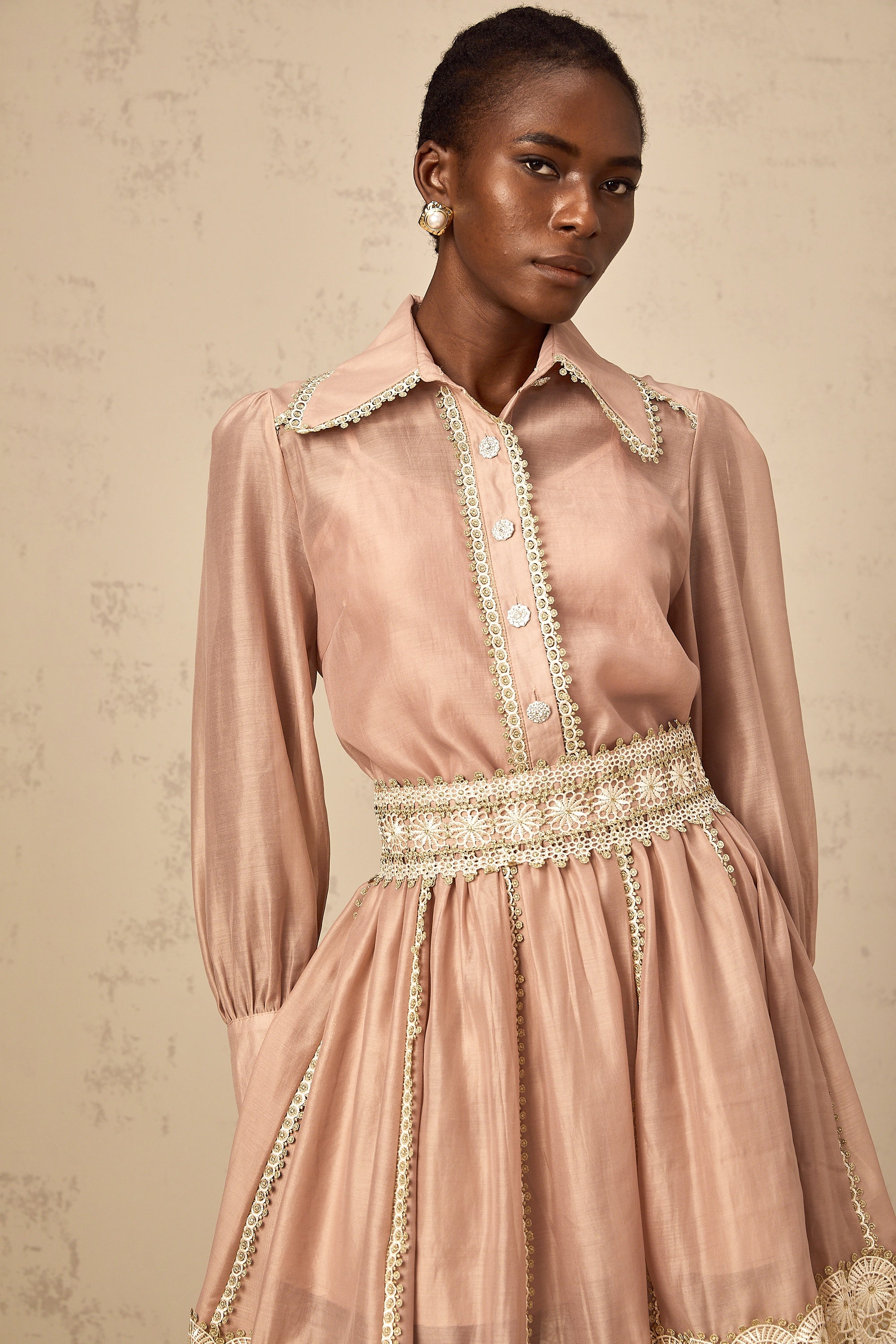 Zazie salmon-pink lace-trim shirt & skirt matching set