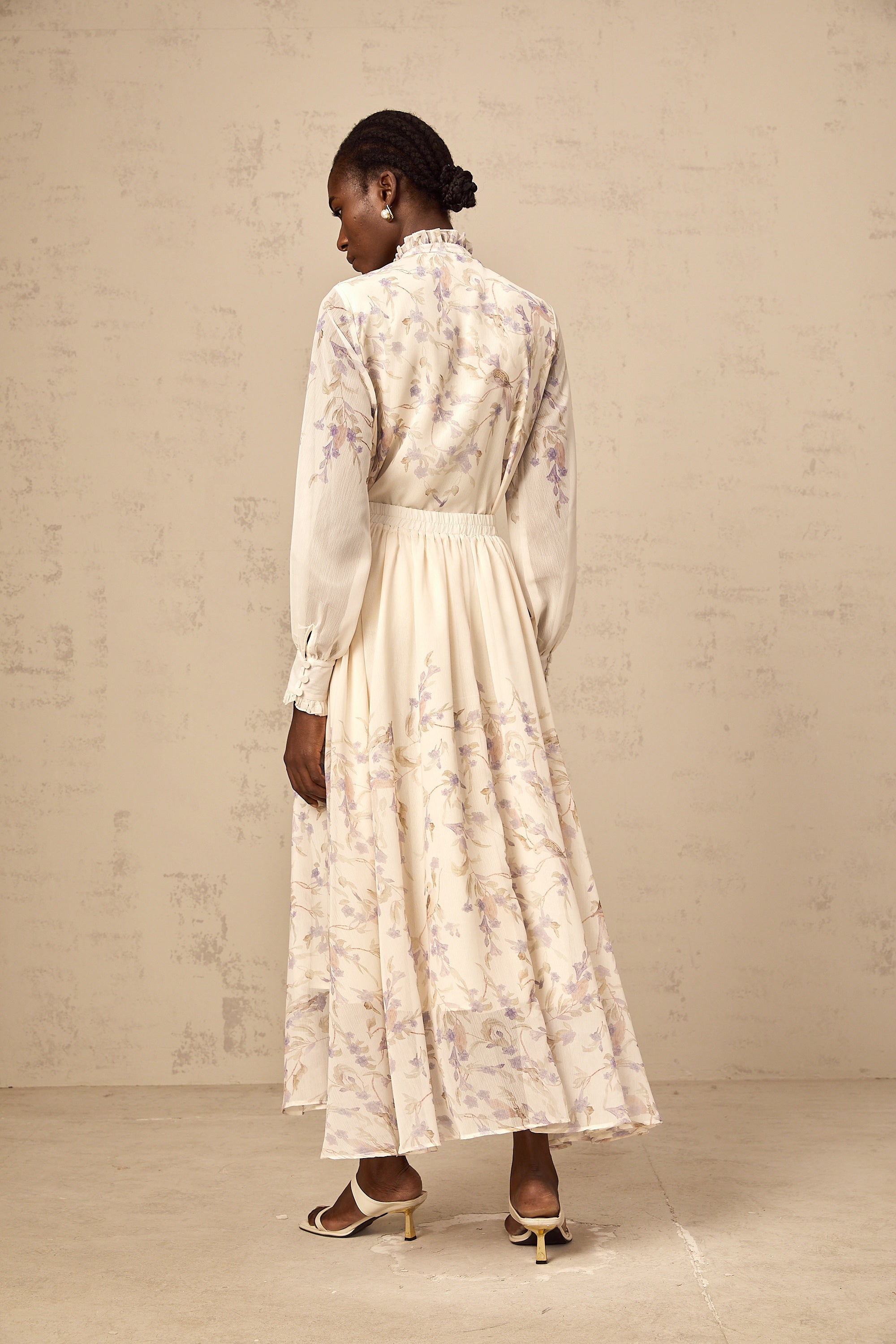Siena frilled wistaria-print shirt & skirt matching set