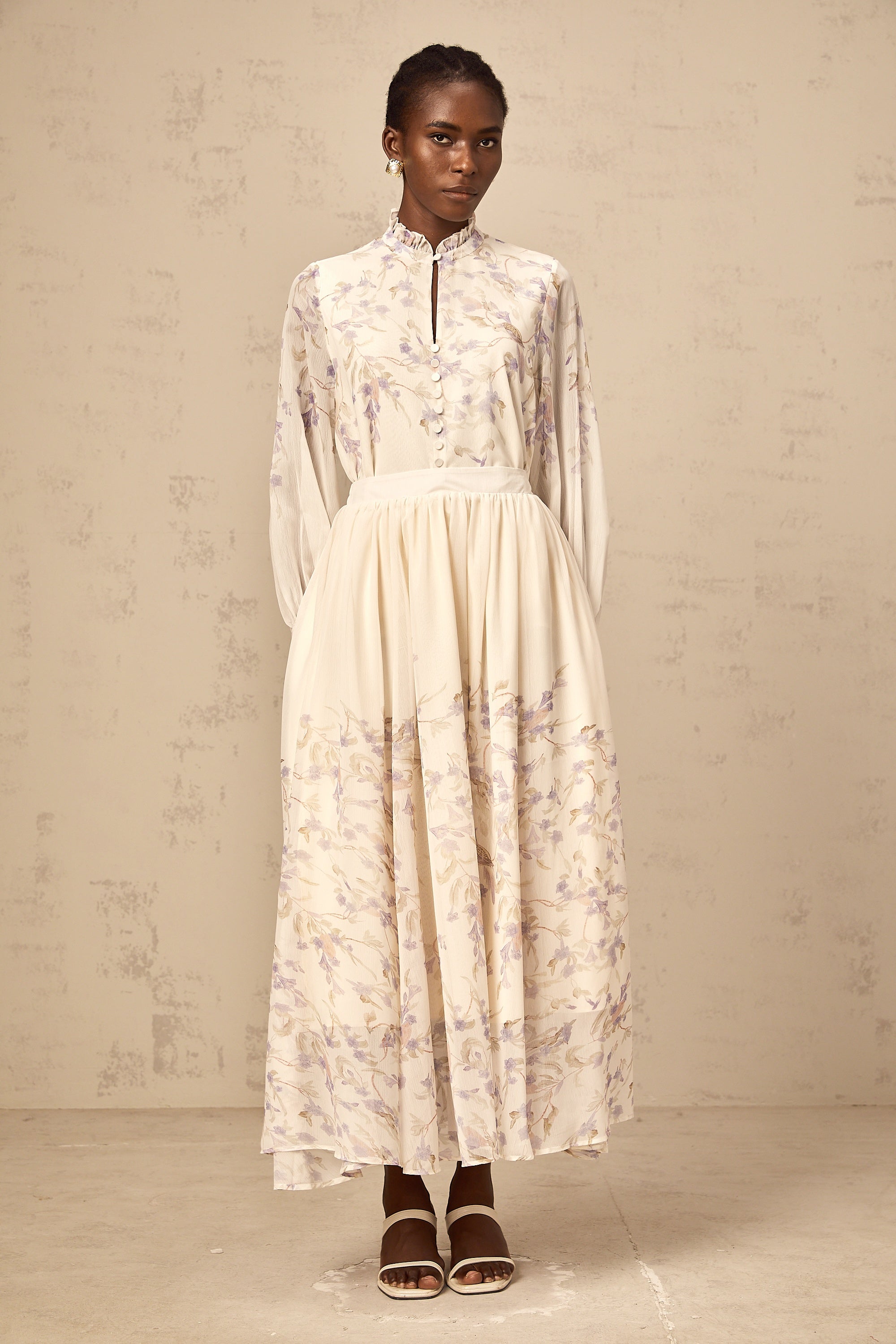 Siena frilled wistaria-print shirt & skirt matching set