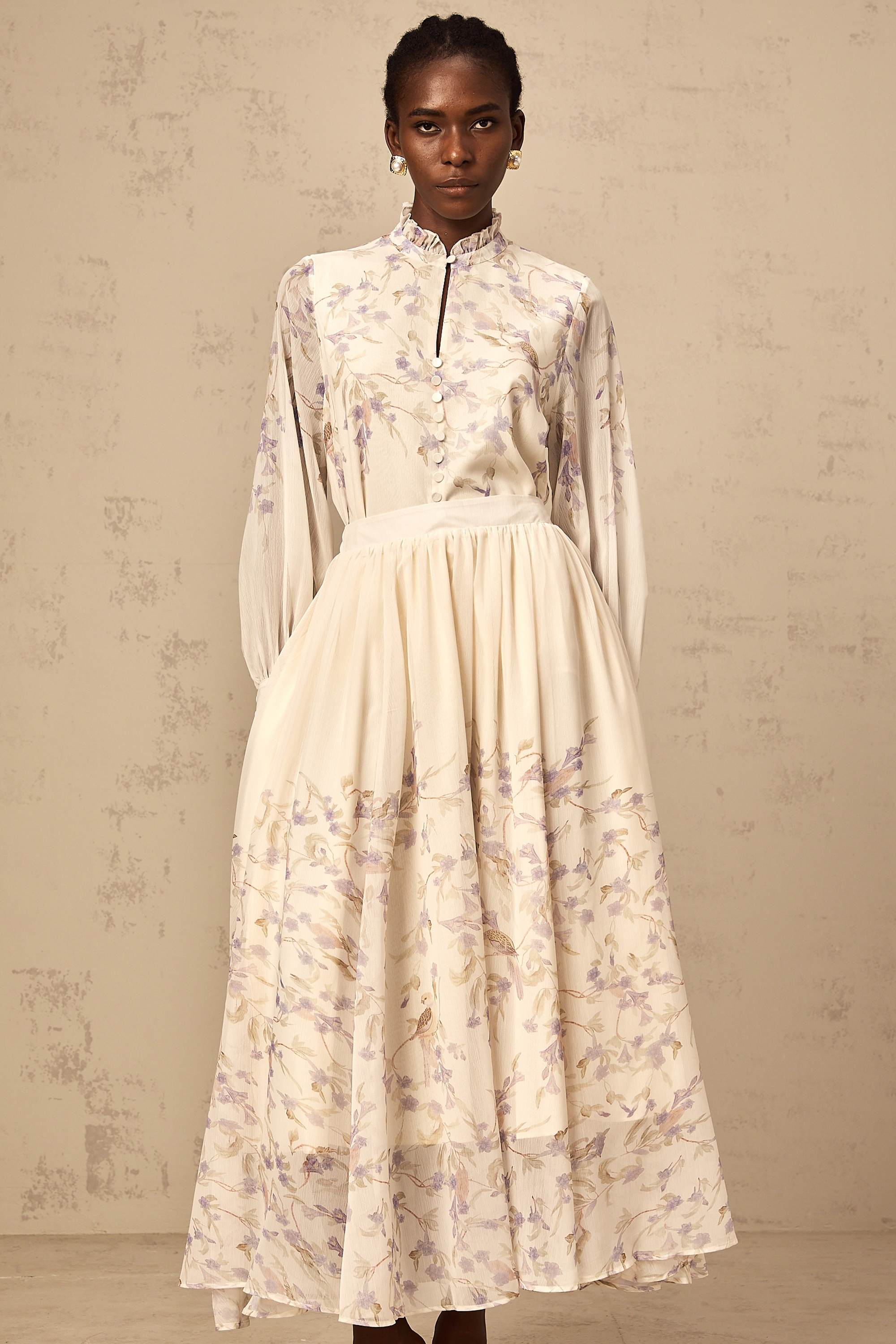 Siena frilled wistaria-print shirt & skirt matching set