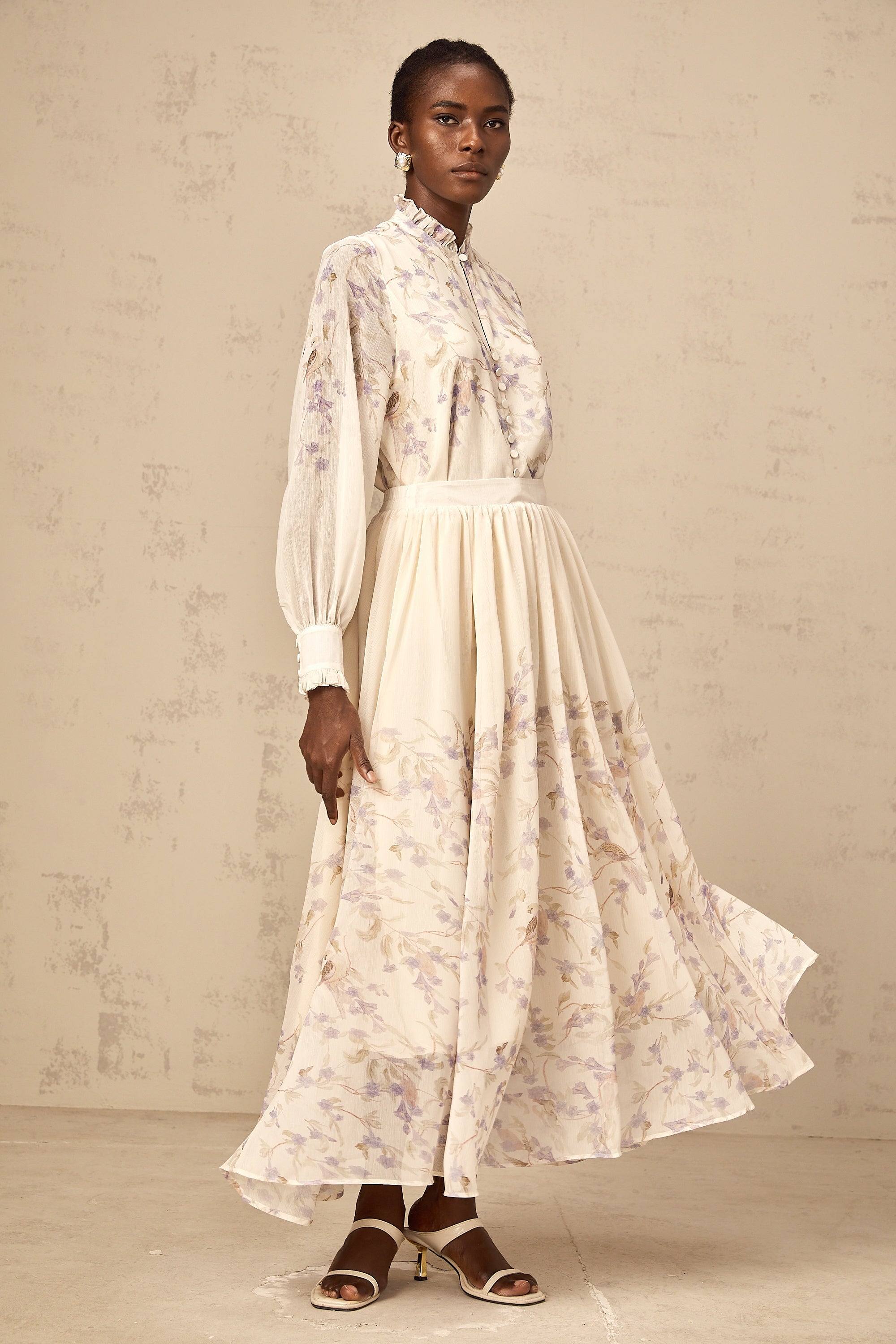 Siena frilled wistaria-print shirt & skirt matching set